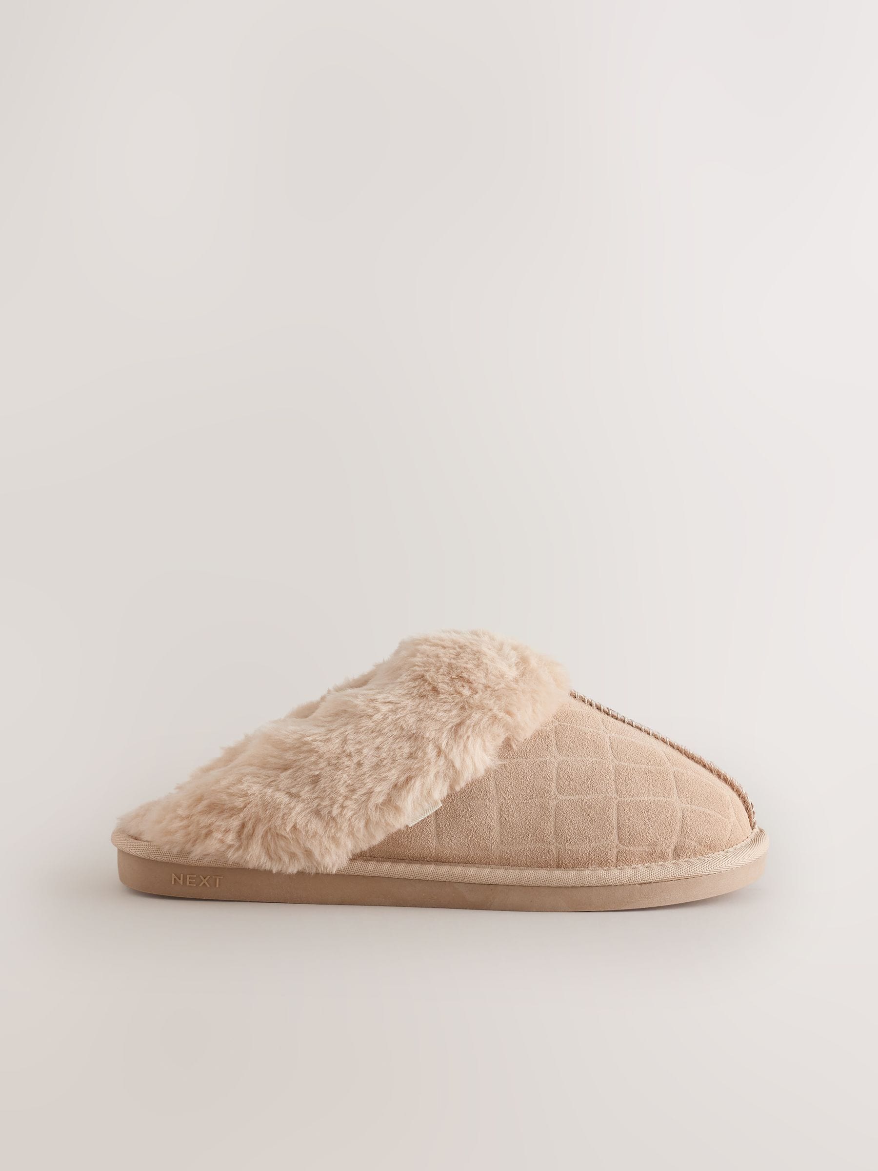 Faux Fur Lined Suede Mule Slippers - Ecru Croc - Regular - SIP Still Life