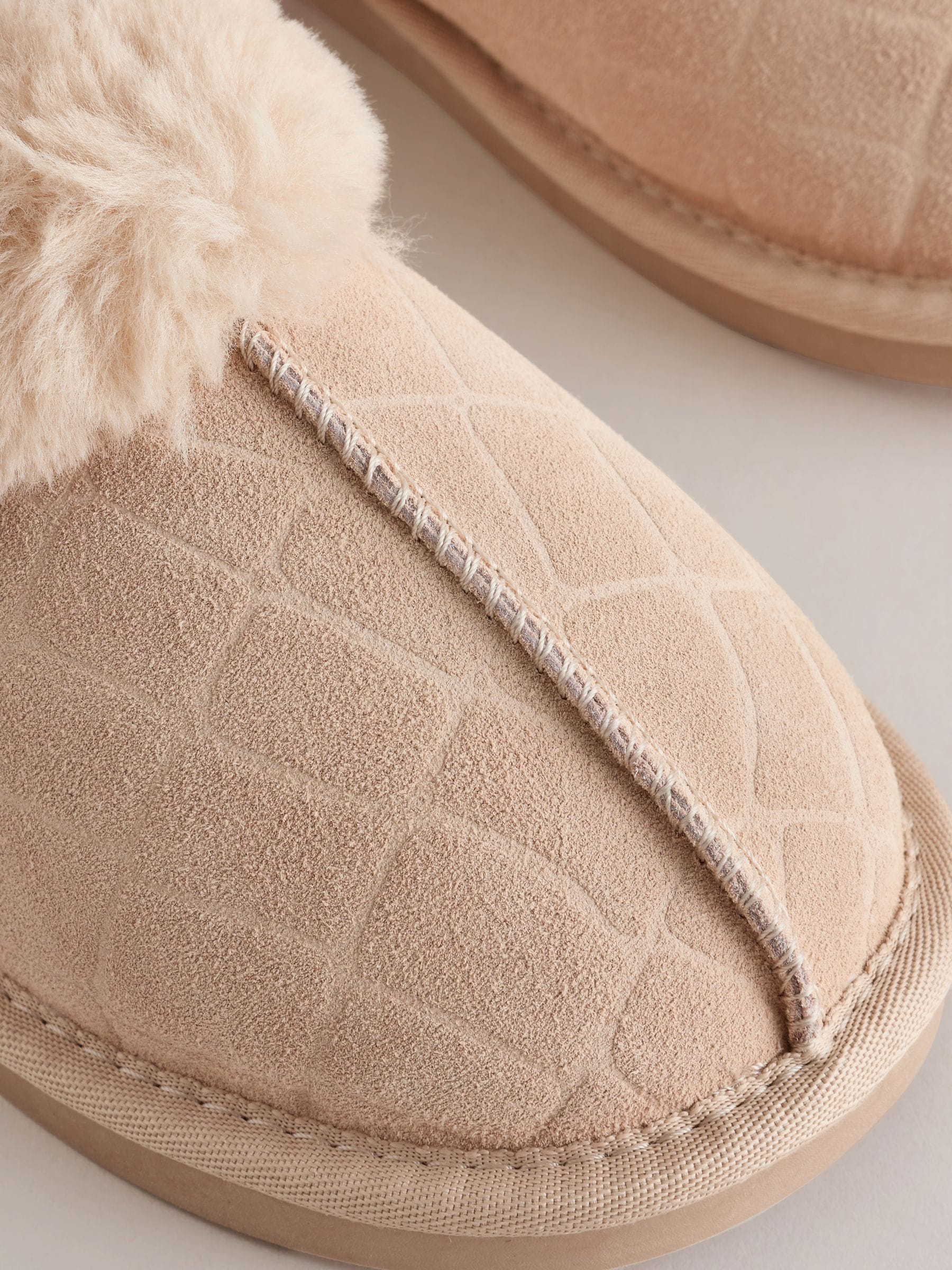 Faux Fur Lined Suede Mule Slippers - Ecru Croc - Regular - SIP Still Life