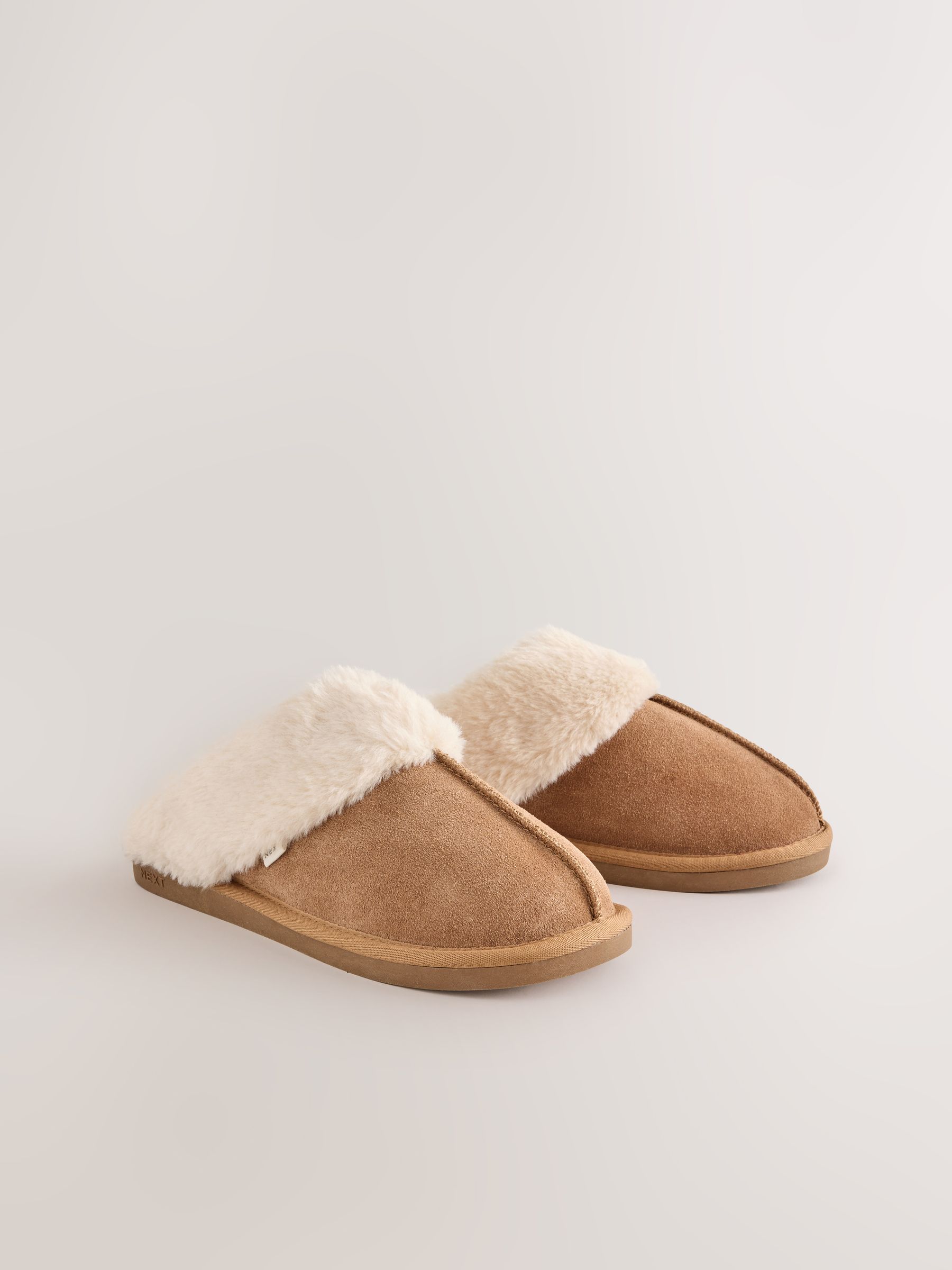 Faux Fur Lined Suede Mule Slippers - Tan Brown - Regular - SIP Still Life