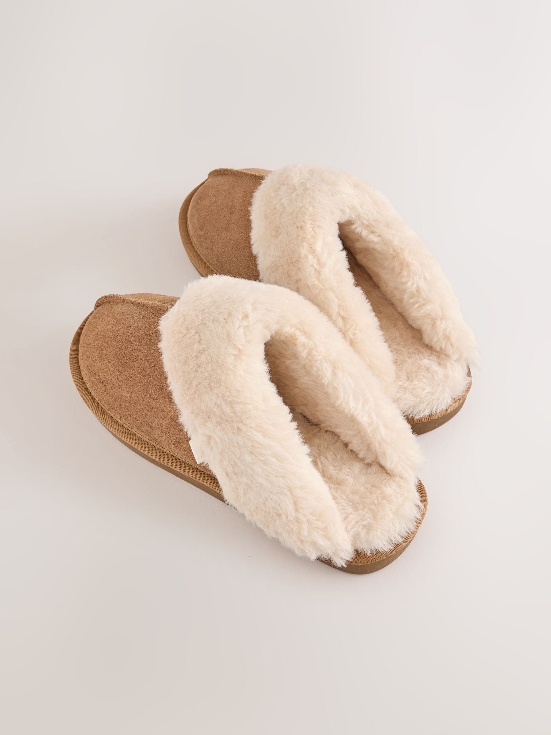 Faux Fur Lined Suede Mule Slippers - Tan Brown - Regular - SIP Still Life