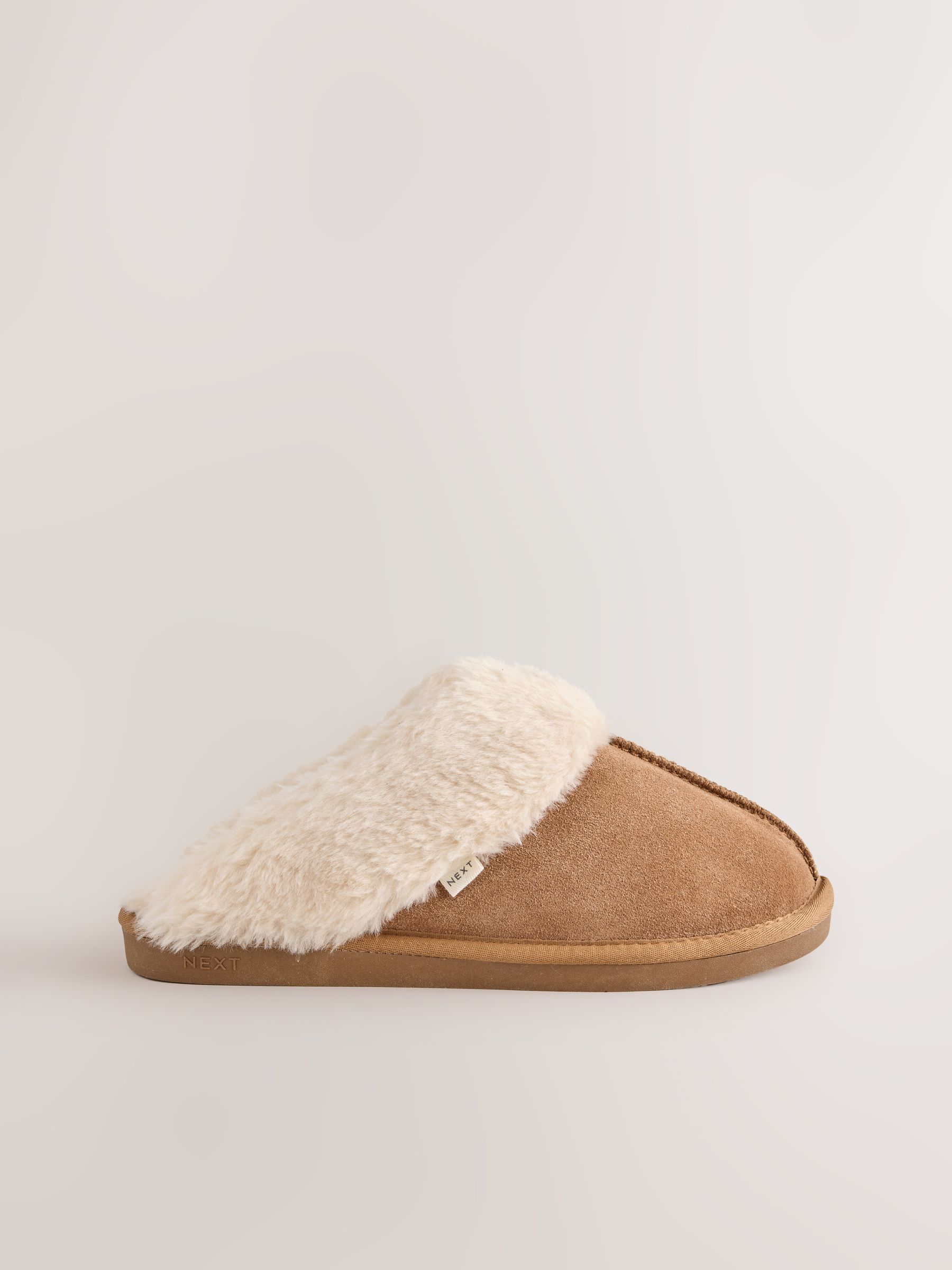 Faux Fur Lined Suede Mule Slippers - Tan Brown - Regular - SIP Still Life