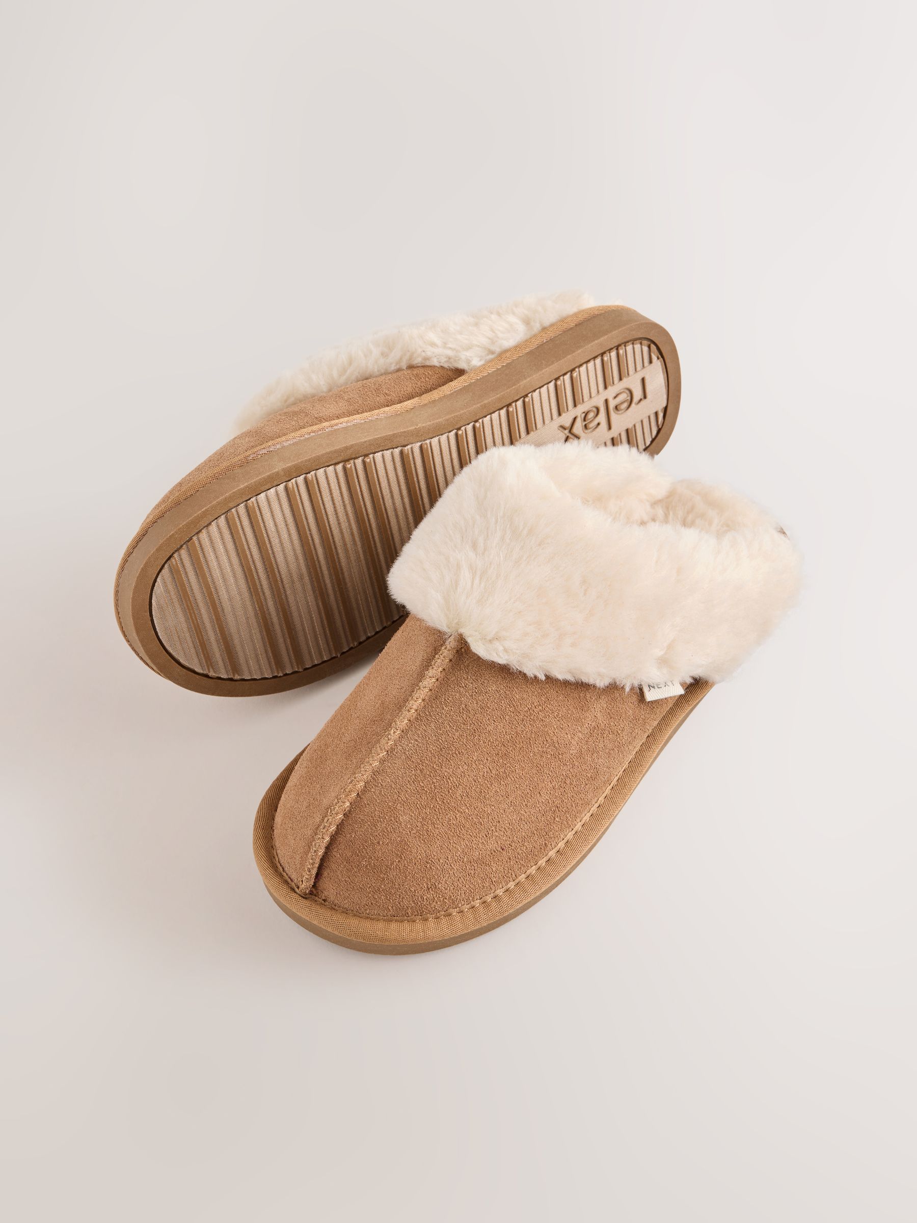 Faux Fur Lined Suede Mule Slippers - Tan Brown - Regular - SIP Still Life
