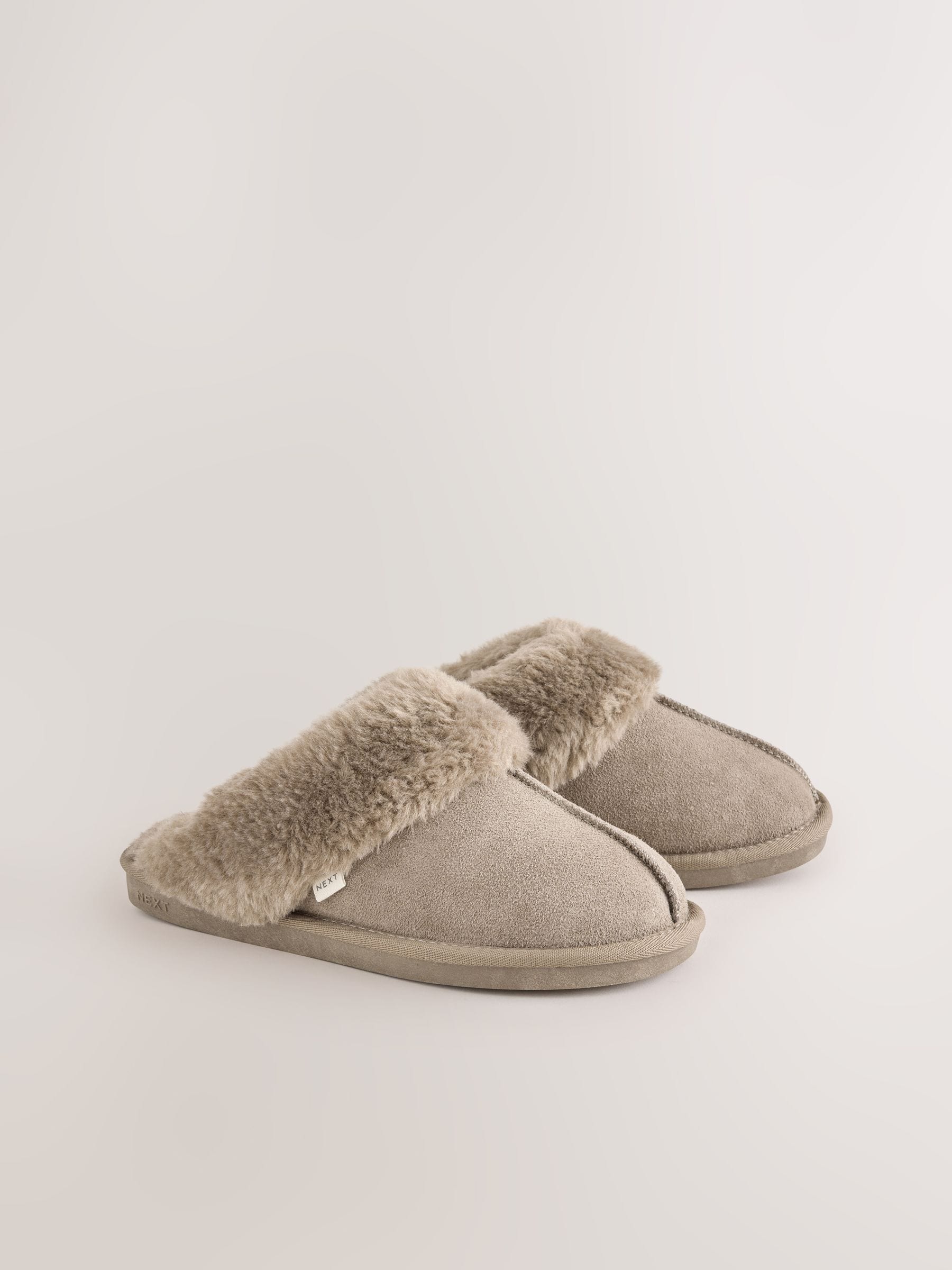 Faux Fur Lined Suede Mule Slippers - Grey/Brown - Regular - SIP Still Life