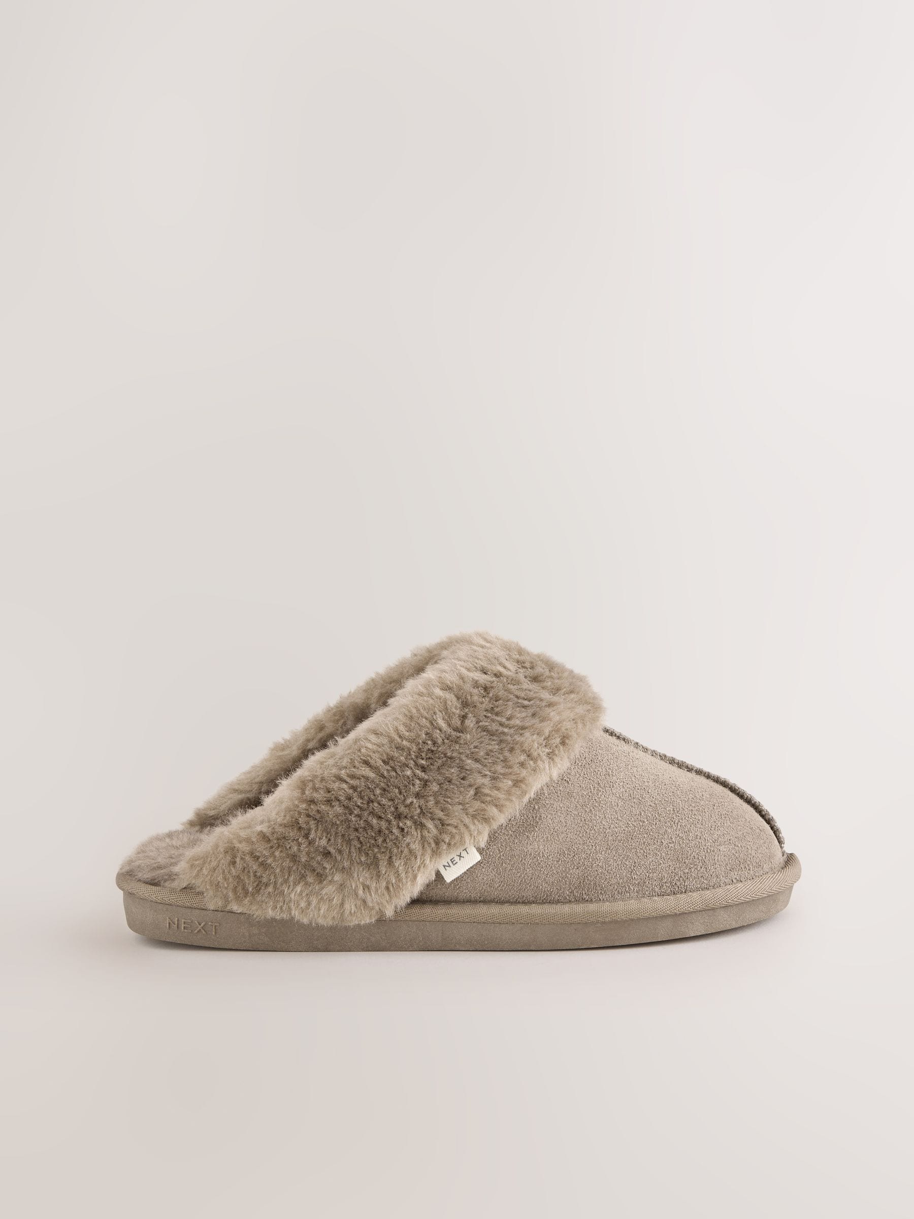 Faux Fur Lined Suede Mule Slippers - Grey/Brown - Regular - SIP Still Life