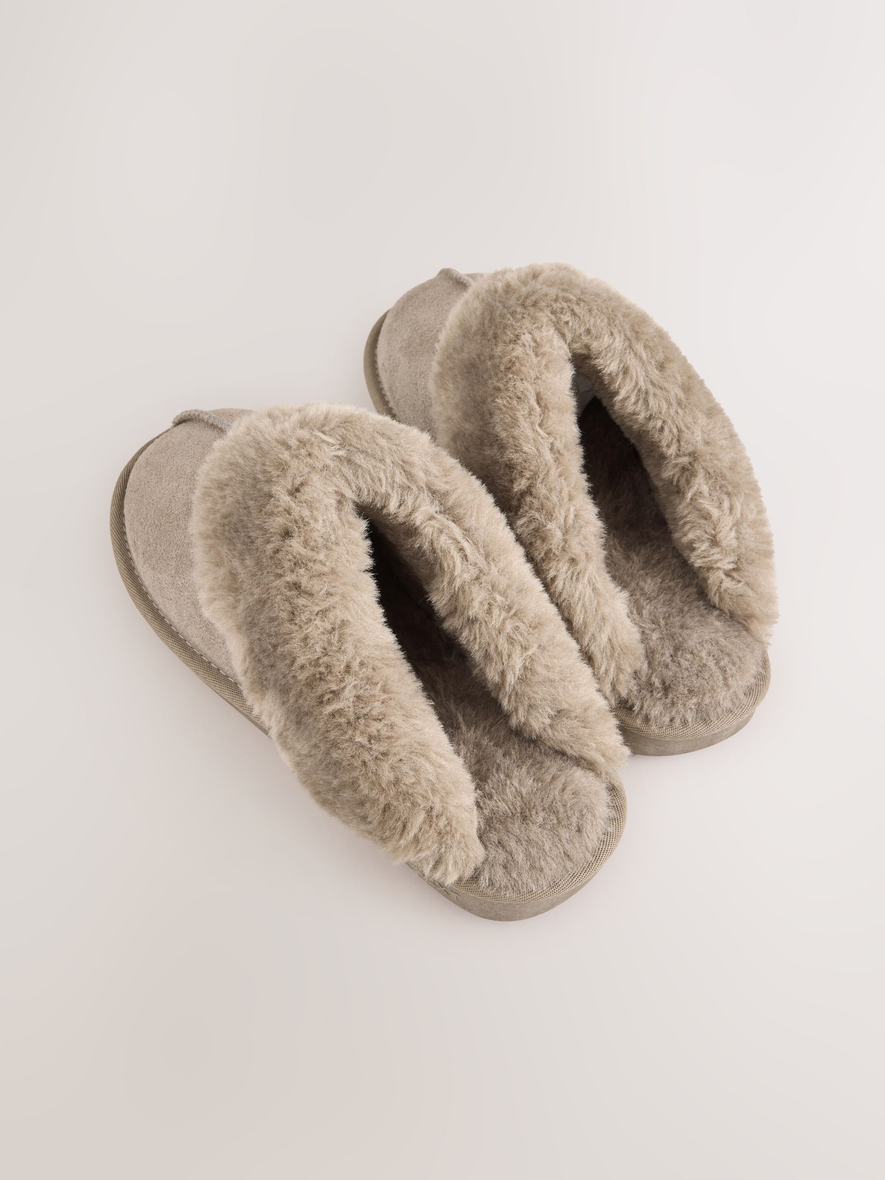 Faux Fur Lined Suede Mule Slippers - Grey/Brown - Regular - SIP Still Life