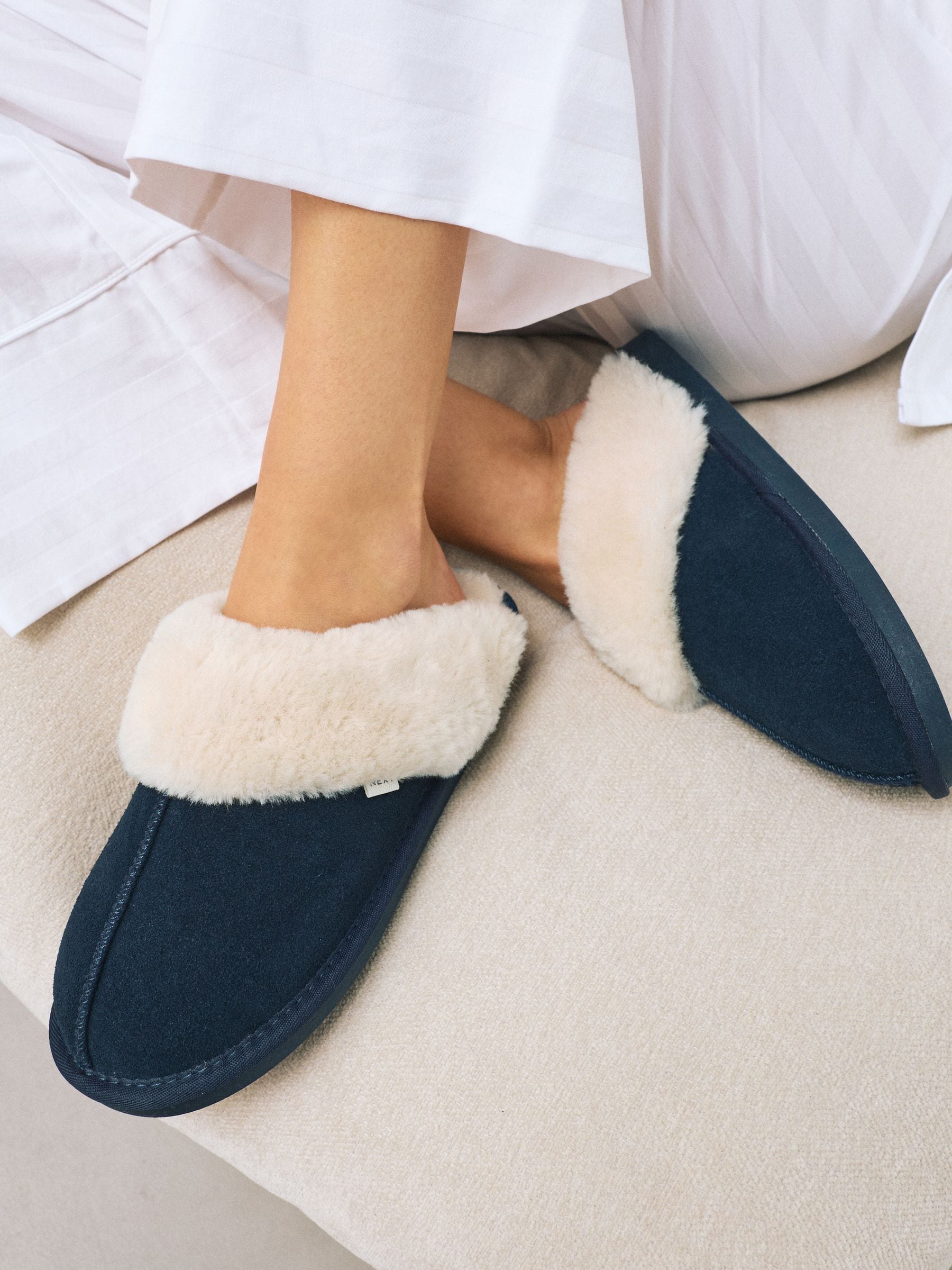Faux Fur Lined Suede Mule Slippers - Navy Blue - Regular - SIP Worn