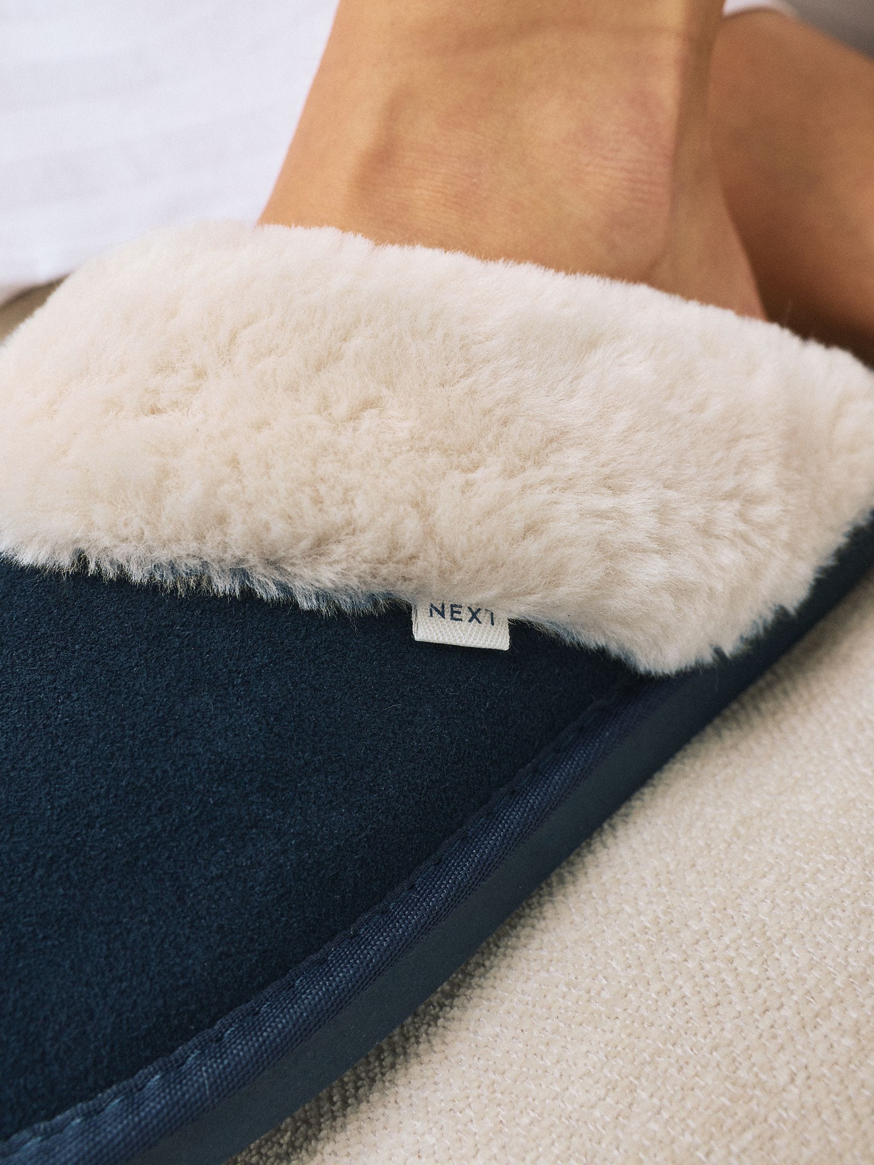 Faux Fur Lined Suede Mule Slippers - Navy Blue - Regular - SIP Worn