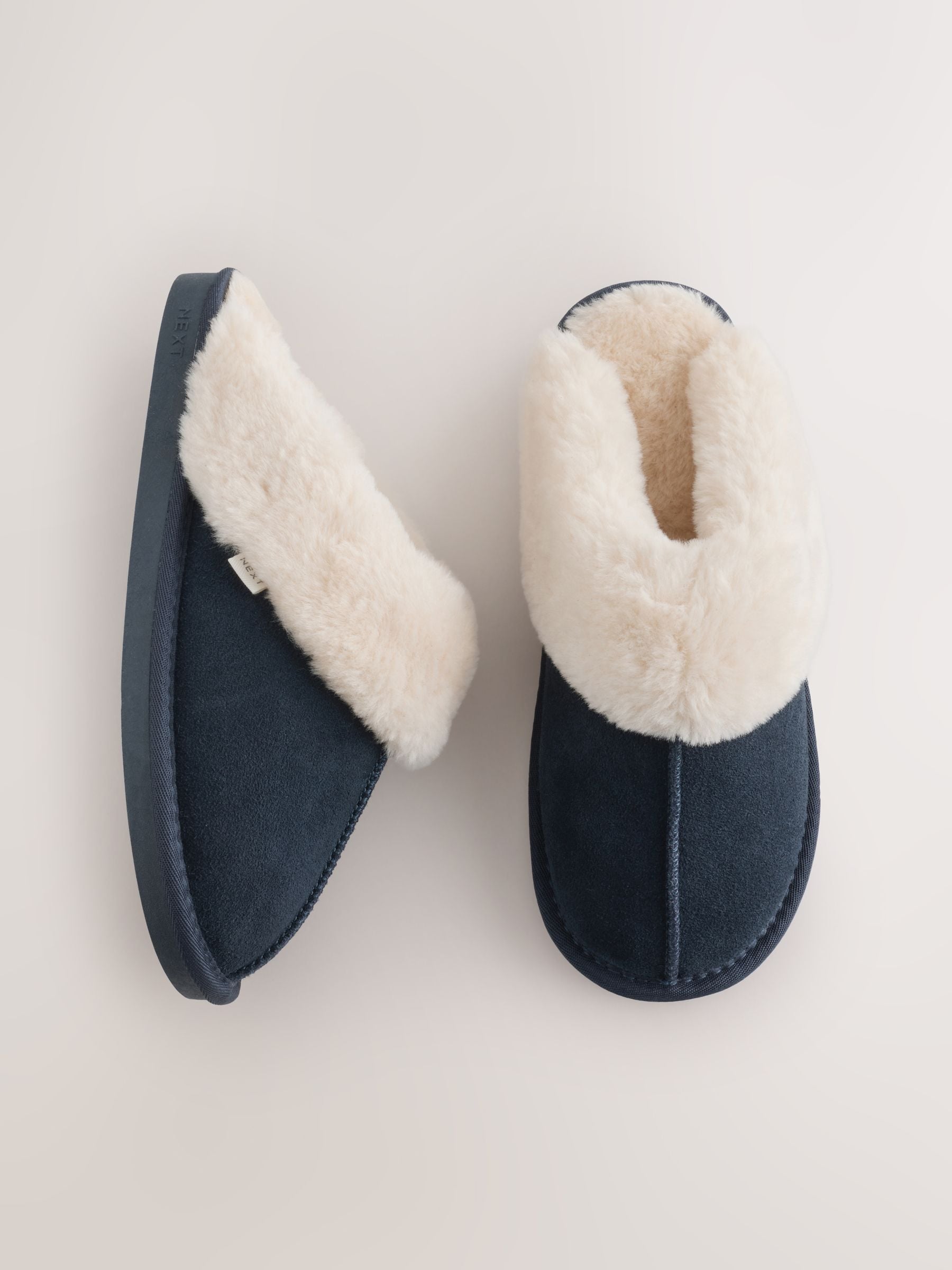 Faux Fur Lined Suede Mule Slippers - Navy Blue - Regular - SIP Still Life