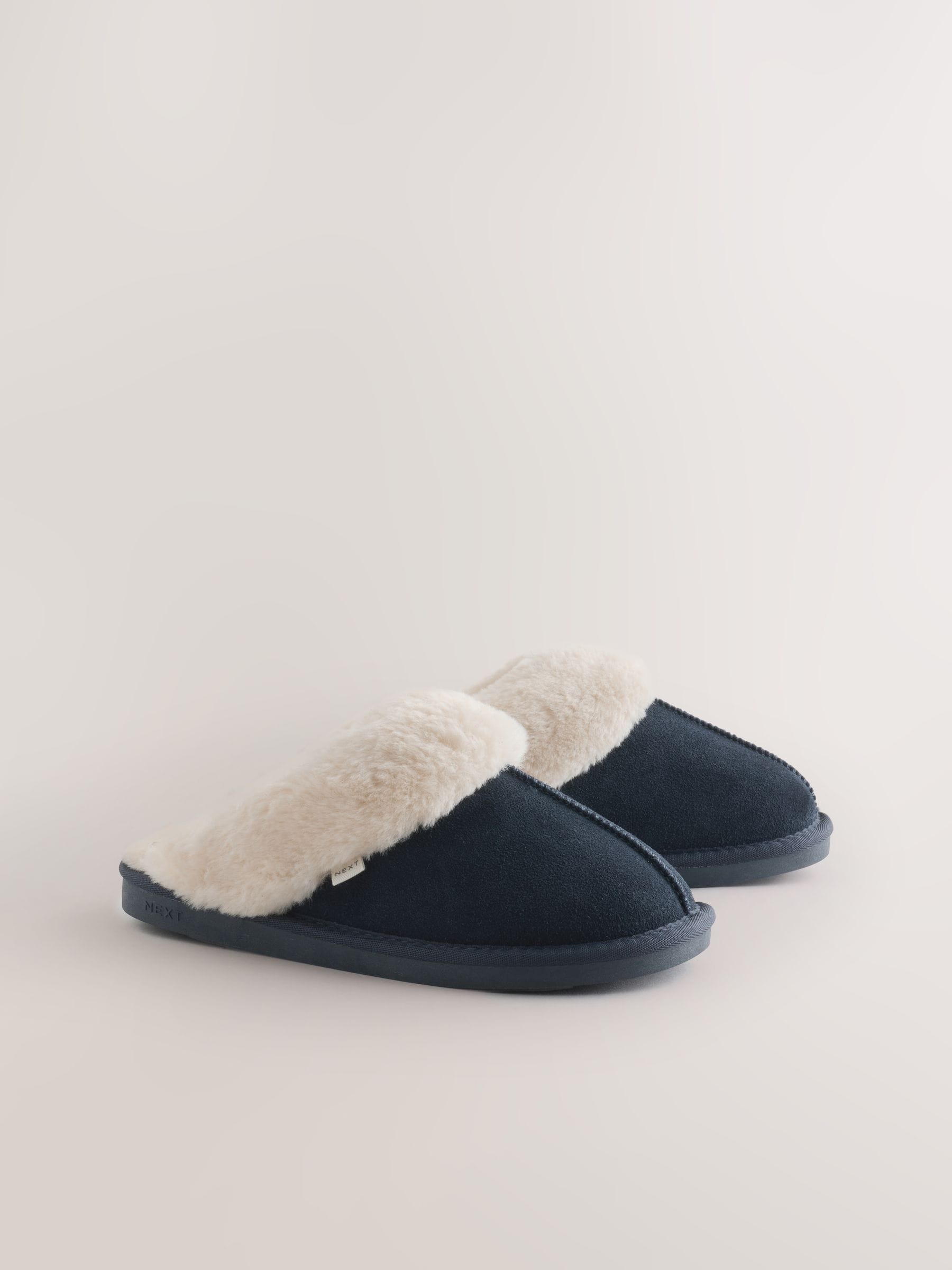 Faux Fur Lined Suede Mule Slippers - Navy Blue - Regular - SIP Still Life
