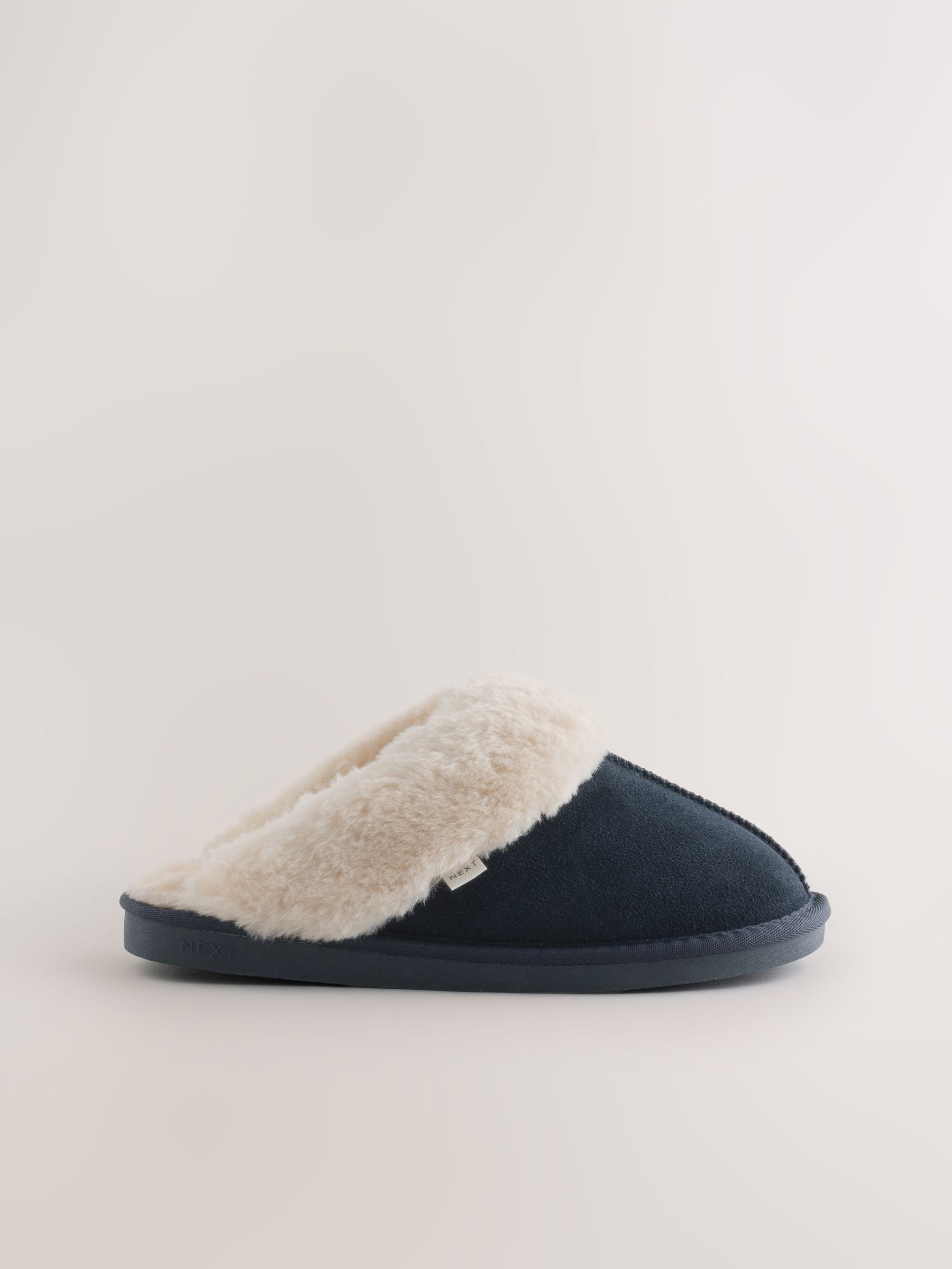 Faux Fur Lined Suede Mule Slippers - Navy Blue - Regular - SIP Still Life
