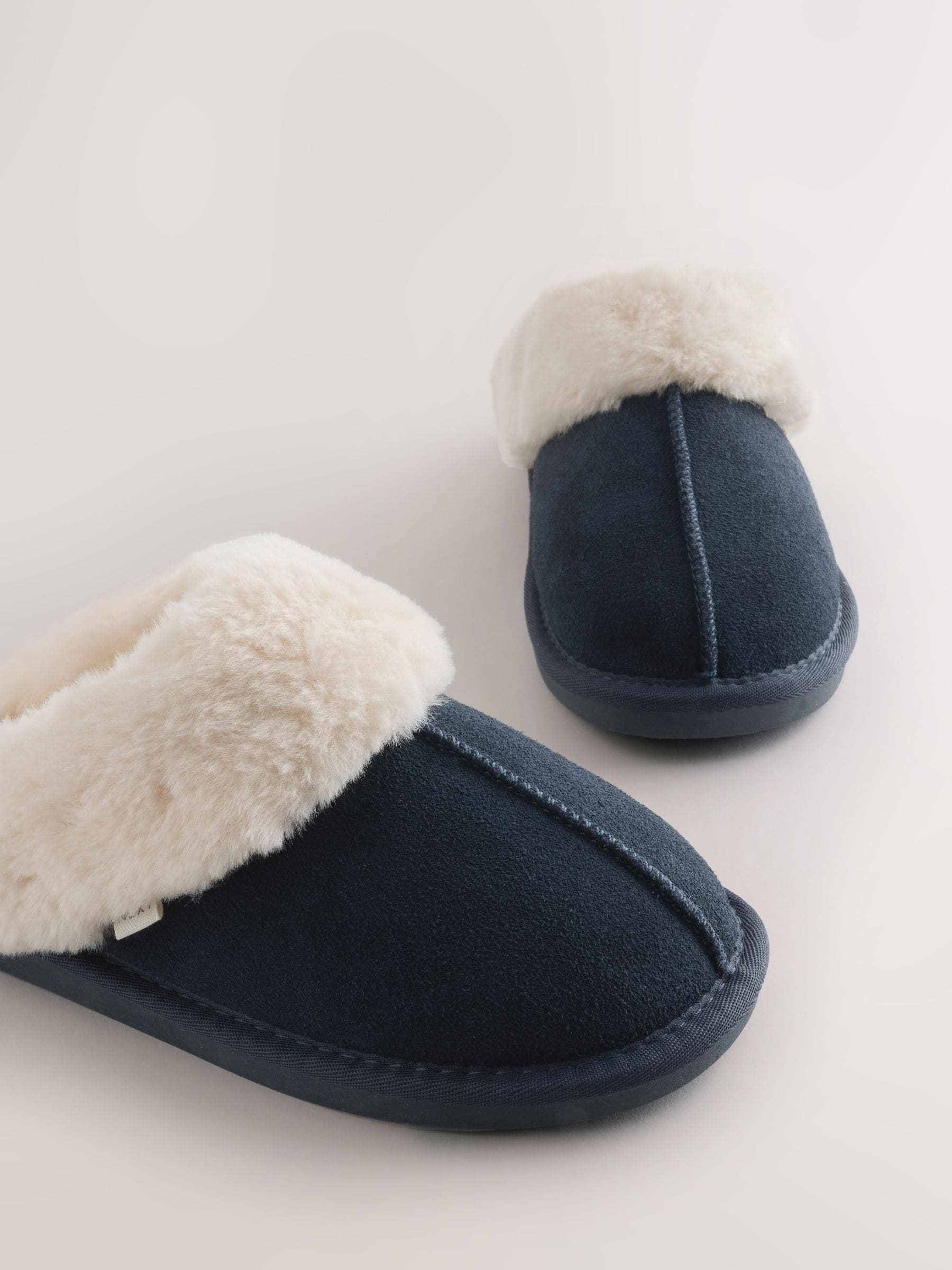 Faux Fur Lined Suede Mule Slippers - Navy Blue - Regular - SIP Still Life