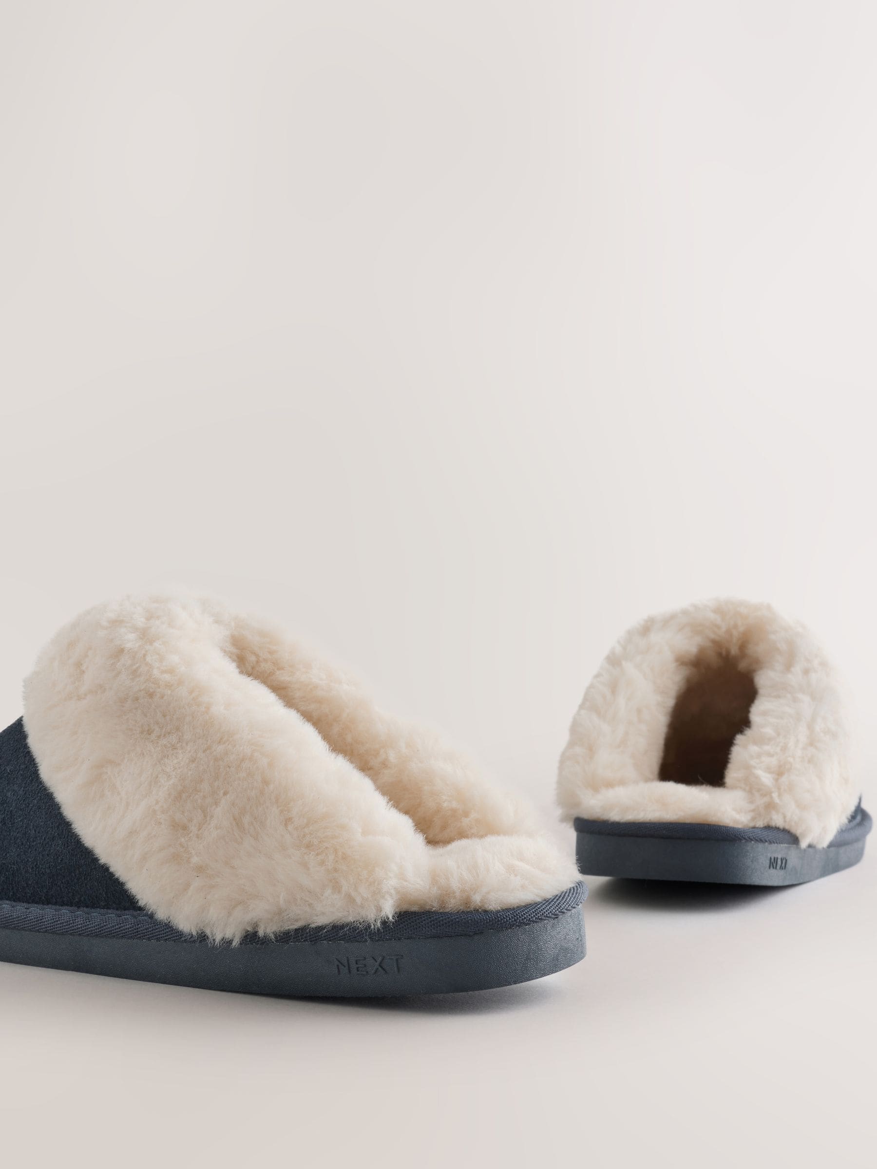 Faux Fur Lined Suede Mule Slippers - Navy Blue - Regular - SIP Still Life
