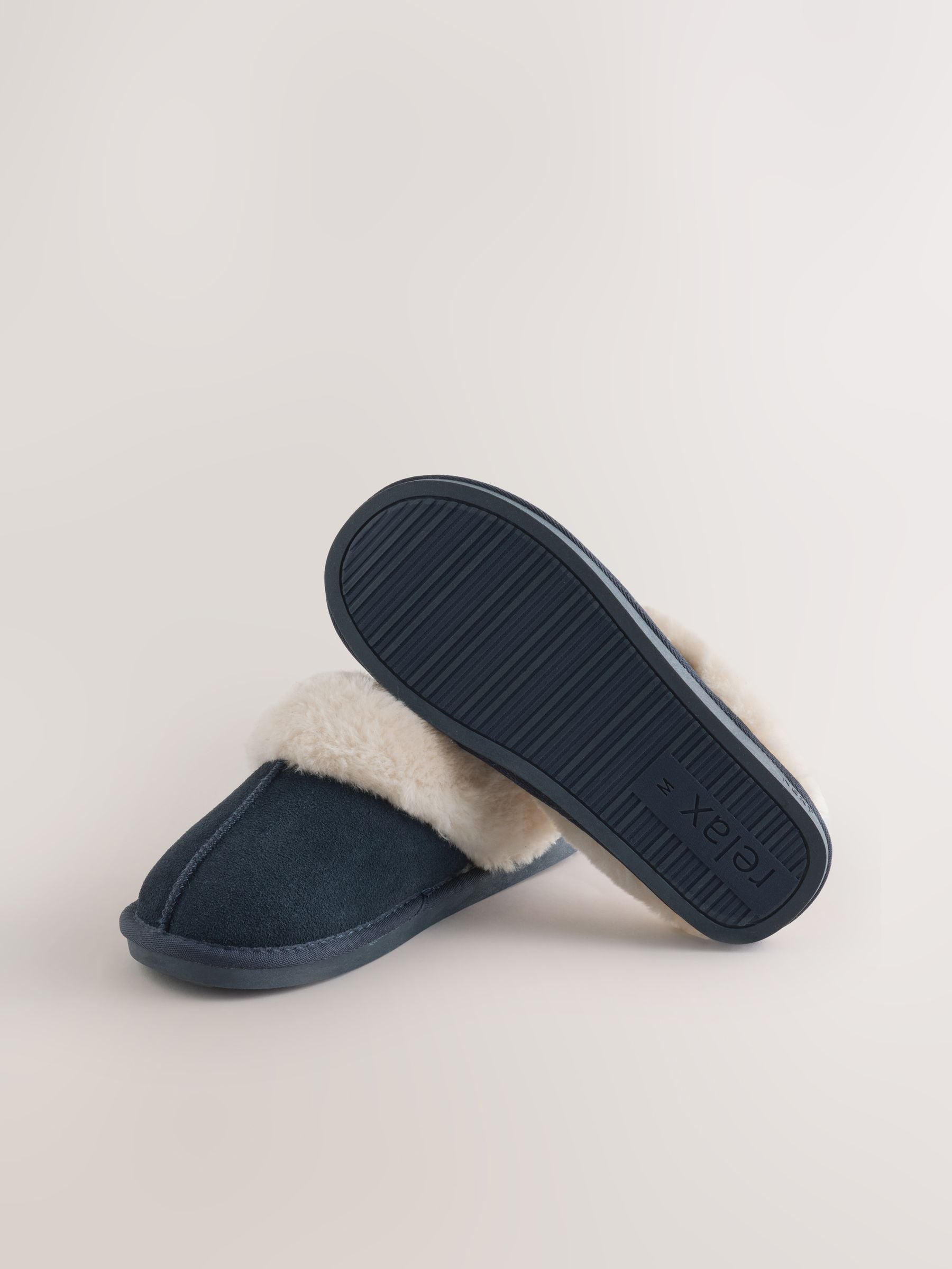 Faux Fur Lined Suede Mule Slippers - Navy Blue - Regular - SIP Still Life