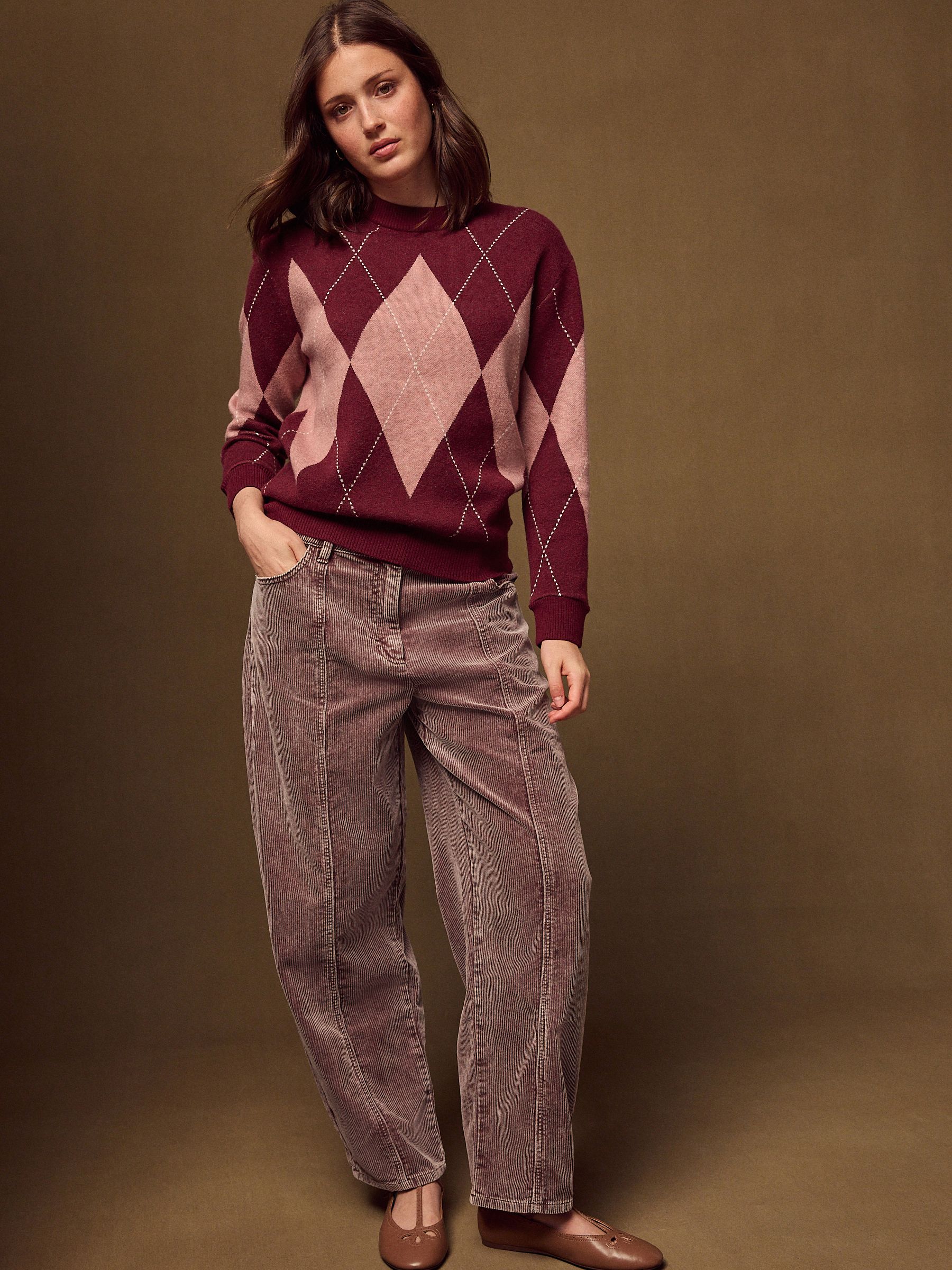 Long Sleeve Crew Neck Cosy Knit Jumper - Wine/Pink Argyle - Regular - Location Worn