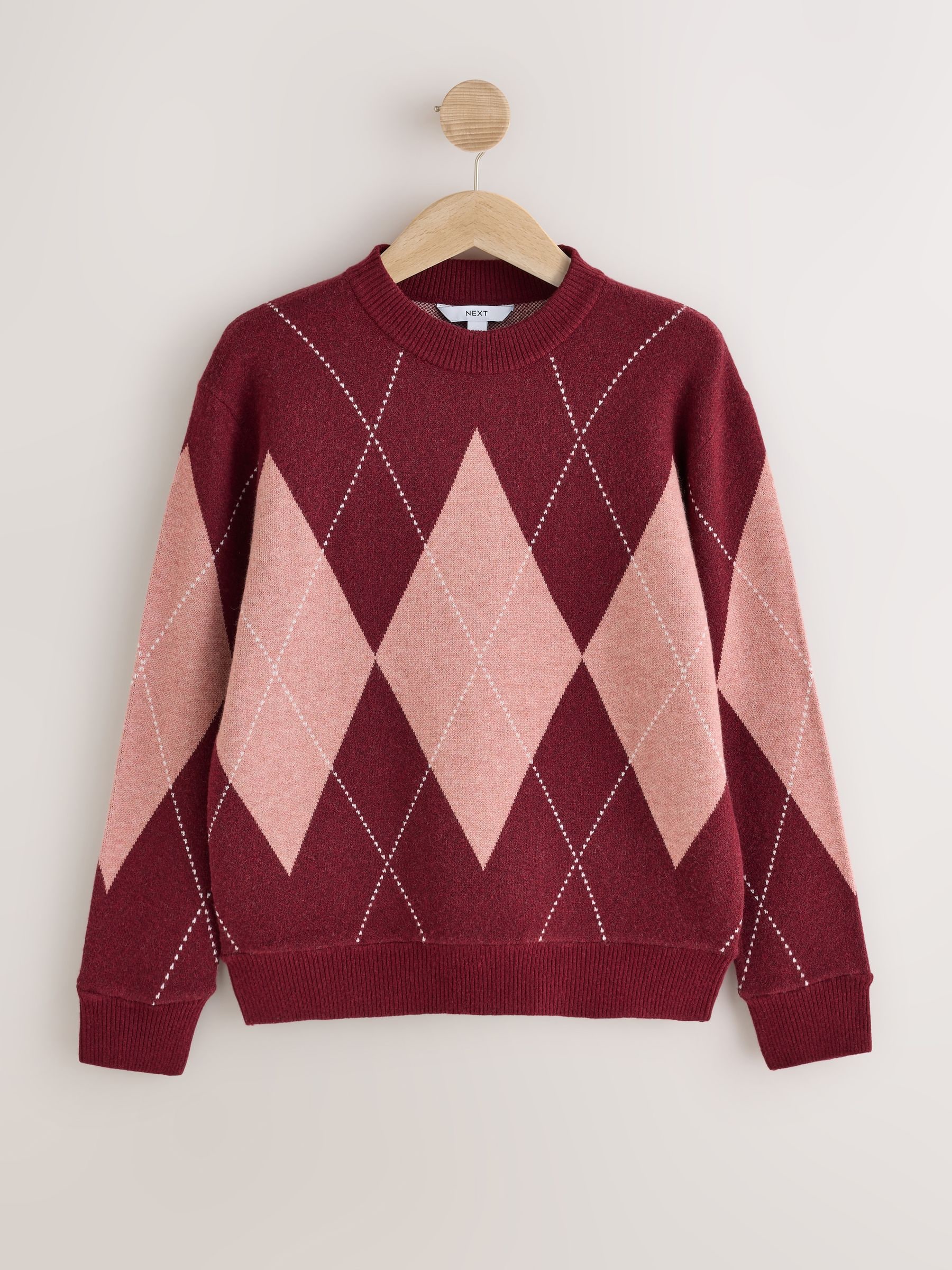 Long Sleeve Crew Neck Cosy Knit Jumper - Wine/Pink Argyle - Regular - SIP Still Life