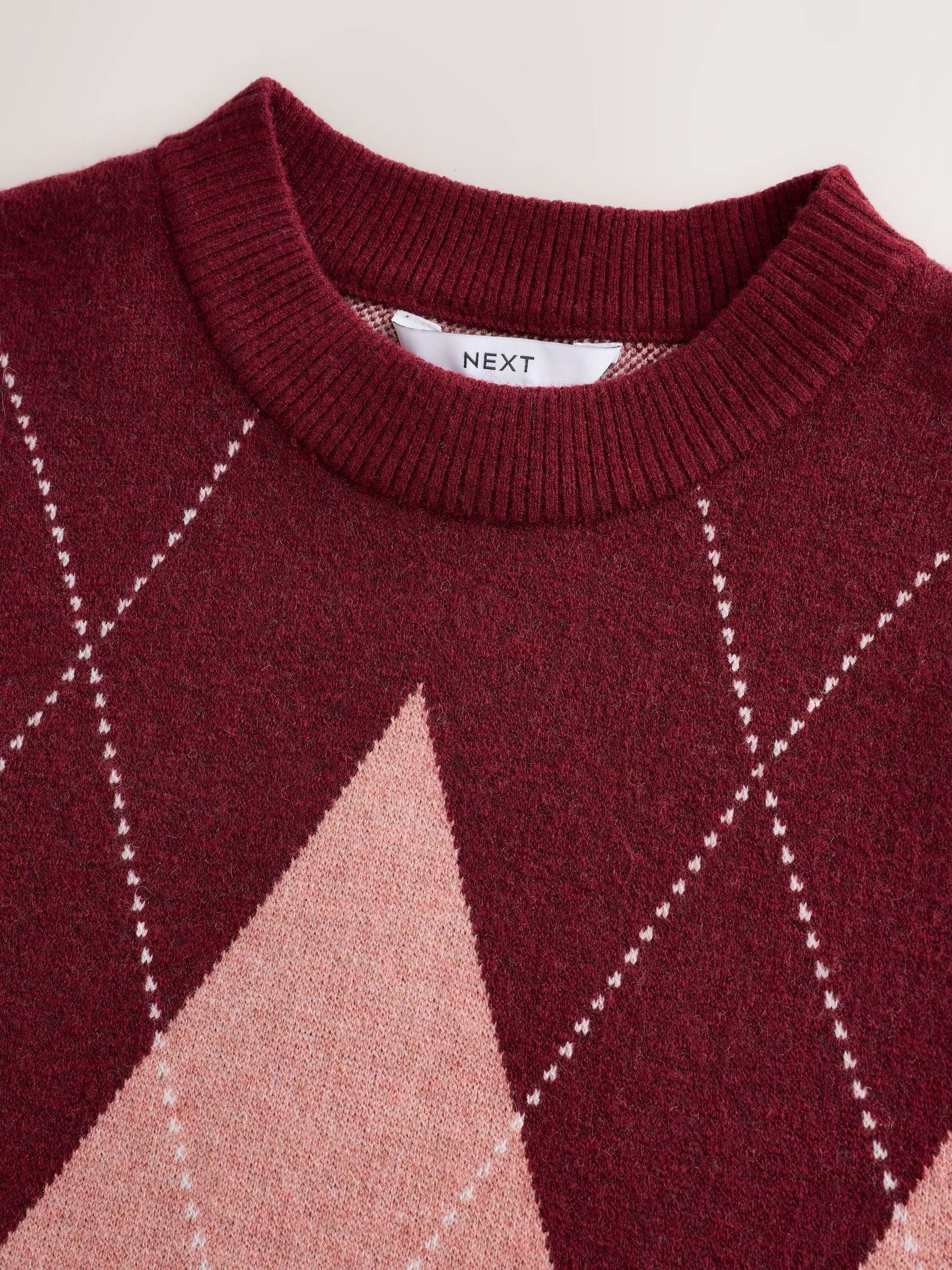 Long Sleeve Crew Neck Cosy Knit Jumper - Wine/Pink Argyle - Regular - SIP Still Life