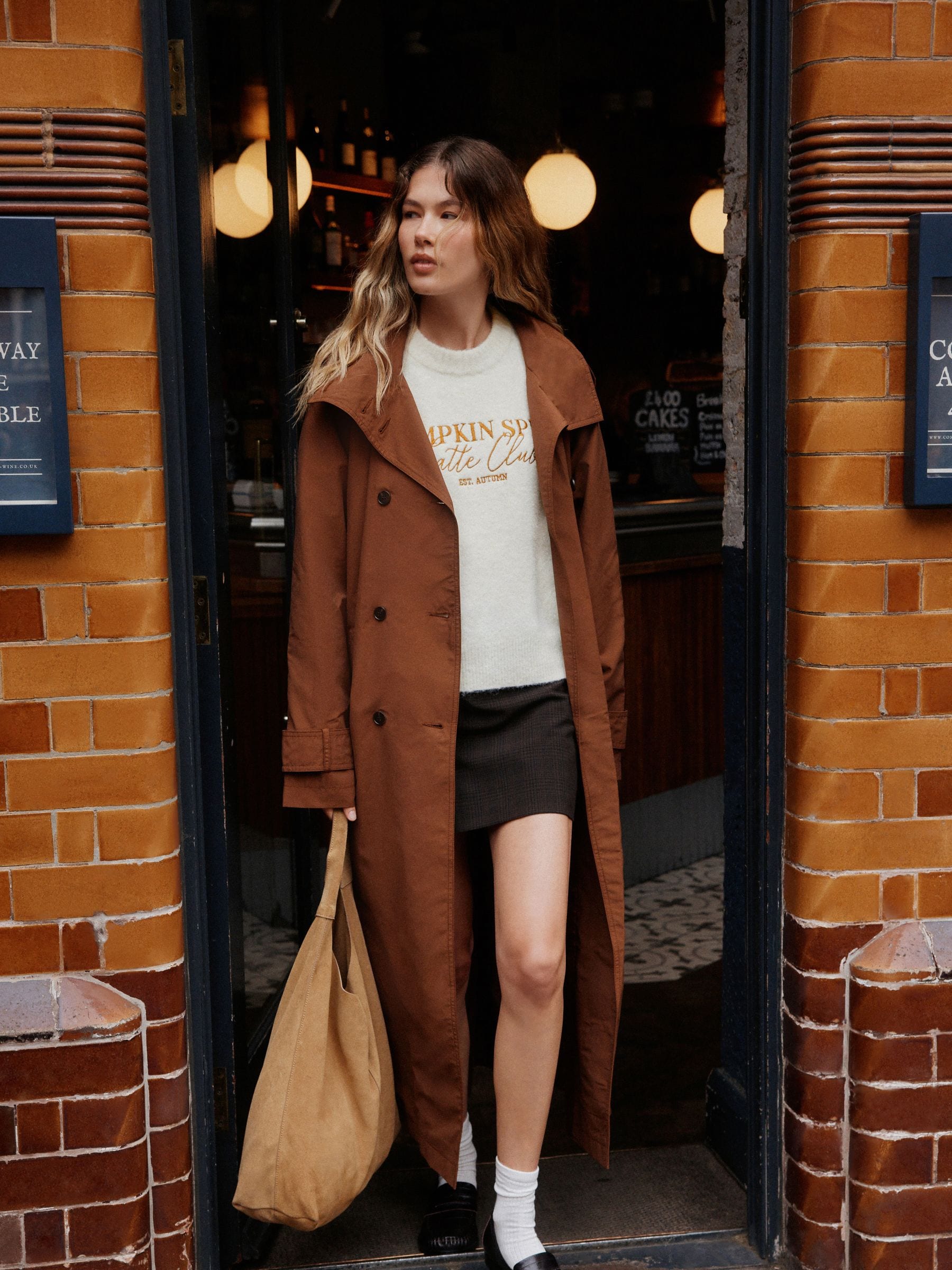 Long Sleeve Crew Neck Knitted Jumper With Wool - Ecru Pumpkin Spice Graphic - Regular - Location Worn