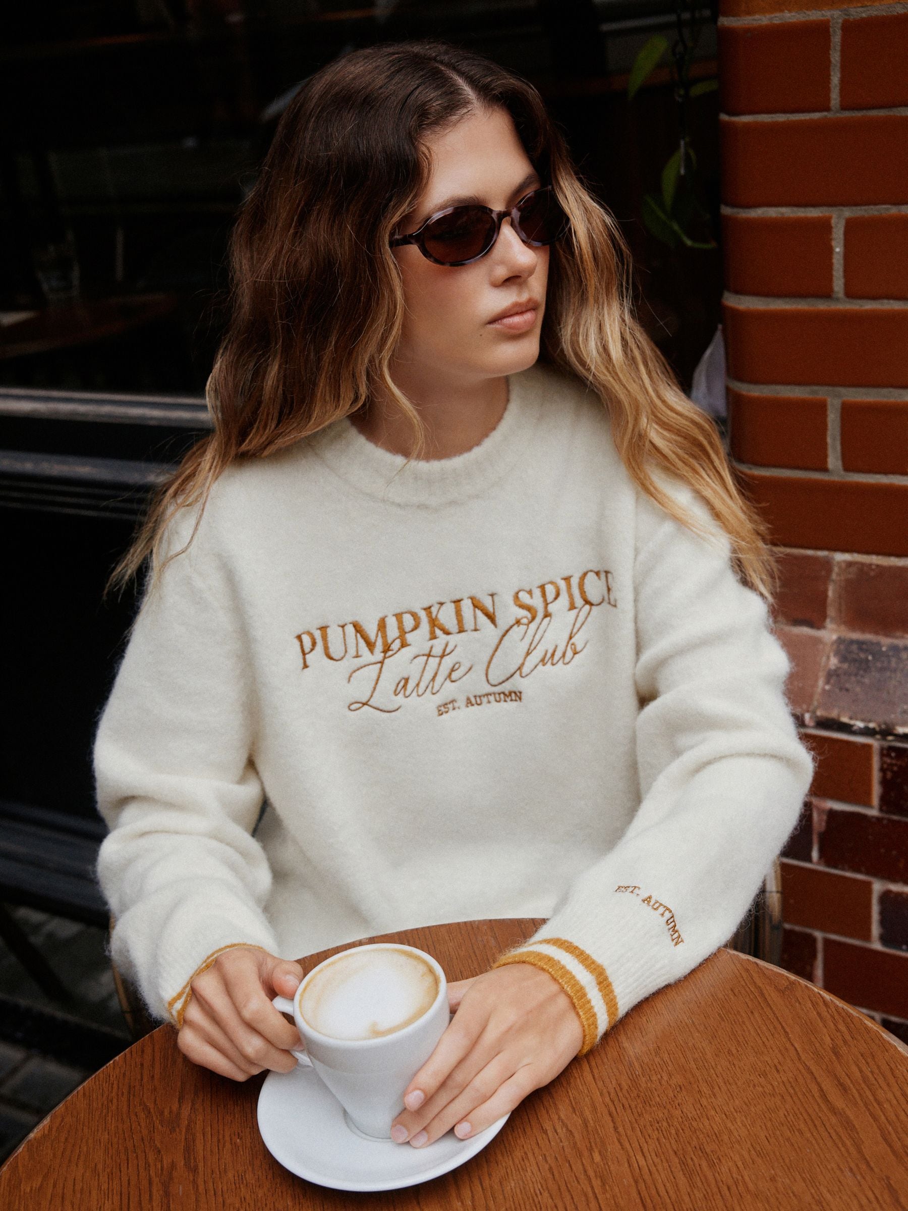 Long Sleeve Crew Neck Knitted Jumper With Wool - Ecru Pumpkin Spice Graphic - Regular - Location Worn