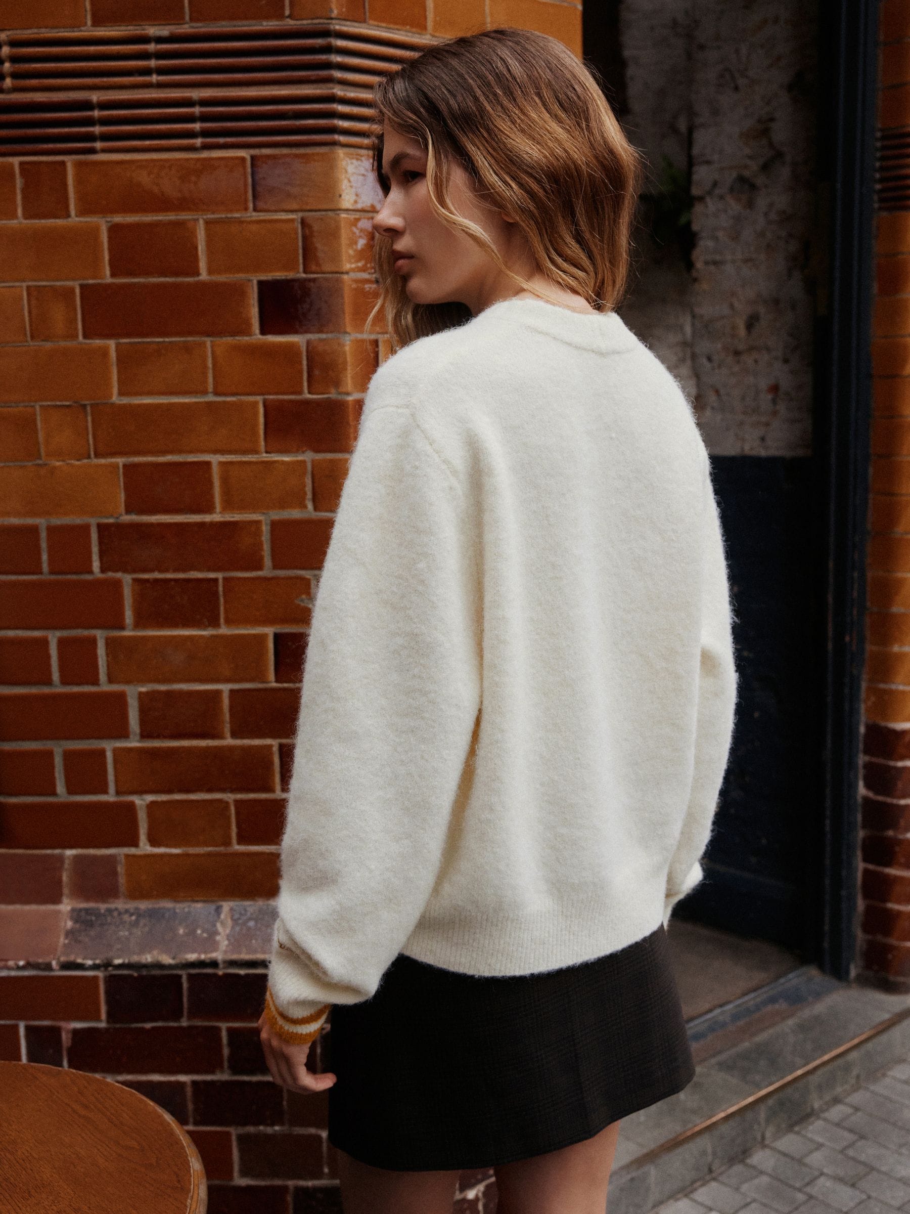 Long Sleeve Crew Neck Knitted Jumper With Wool - Ecru Pumpkin Spice Graphic - Regular - Location Worn