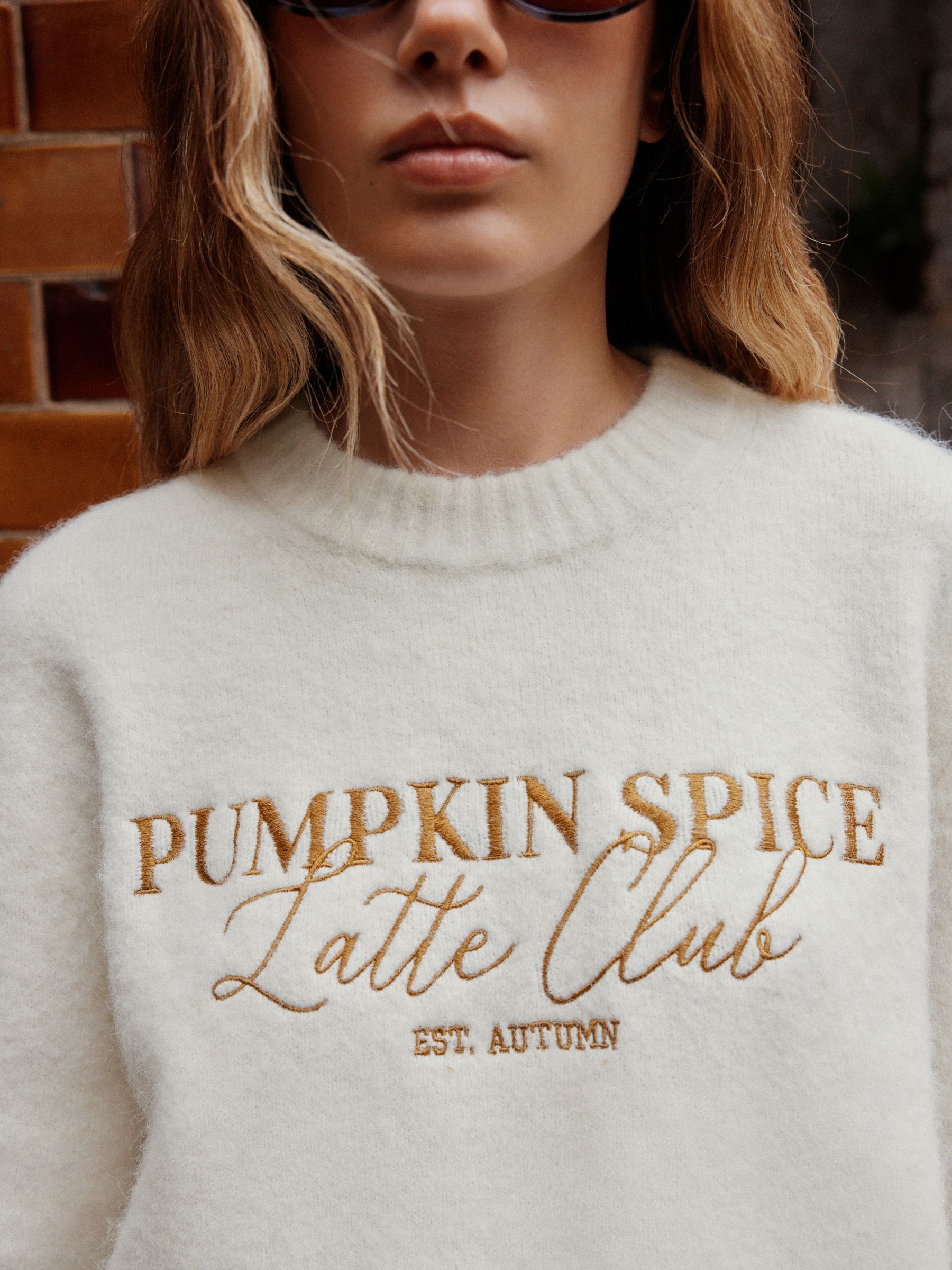 Long Sleeve Crew Neck Knitted Jumper With Wool - Ecru Pumpkin Spice Graphic - Regular - Location Worn
