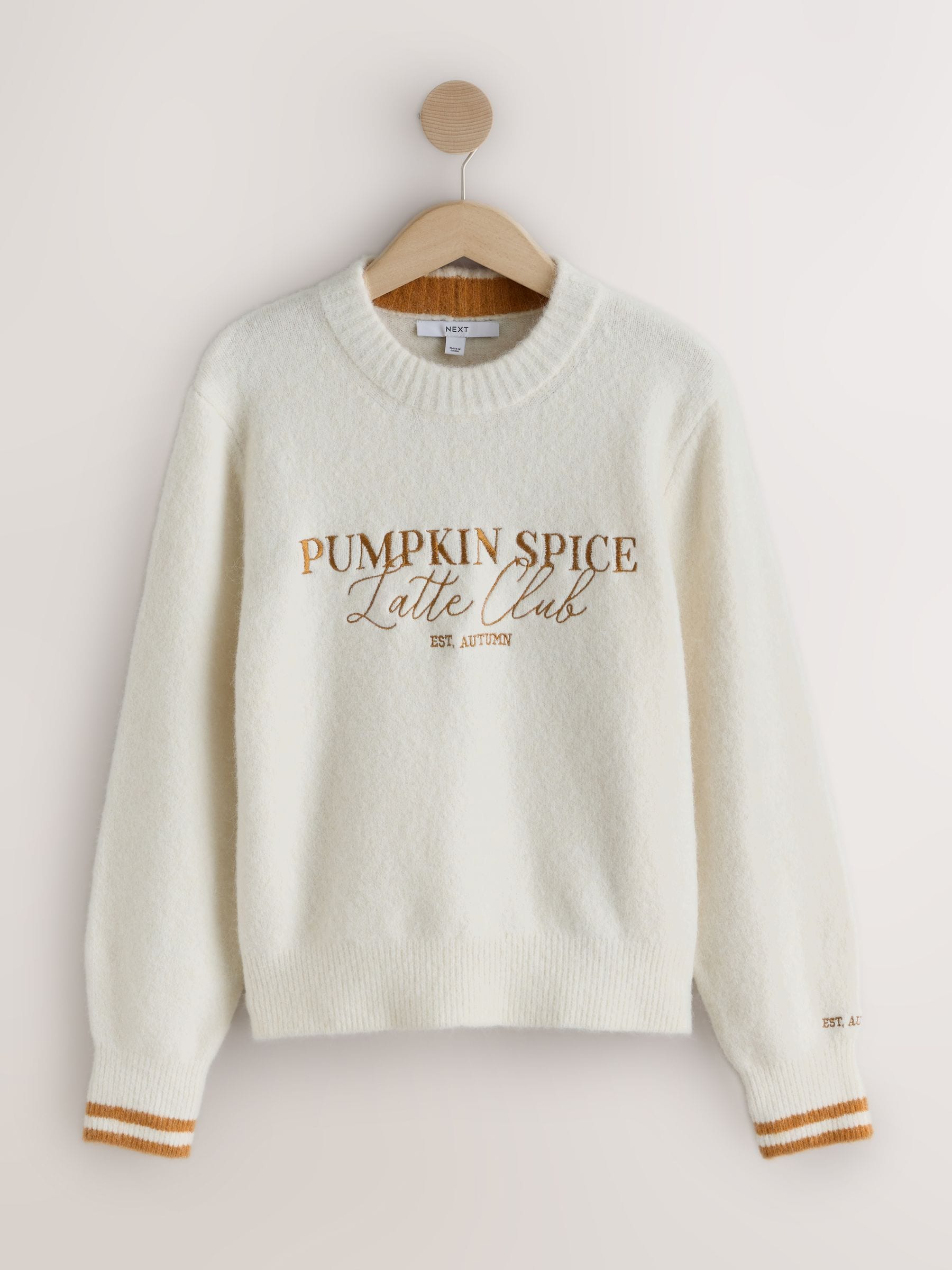 Long Sleeve Crew Neck Knitted Jumper With Wool - Ecru Pumpkin Spice Graphic - Regular - SIP Still Life