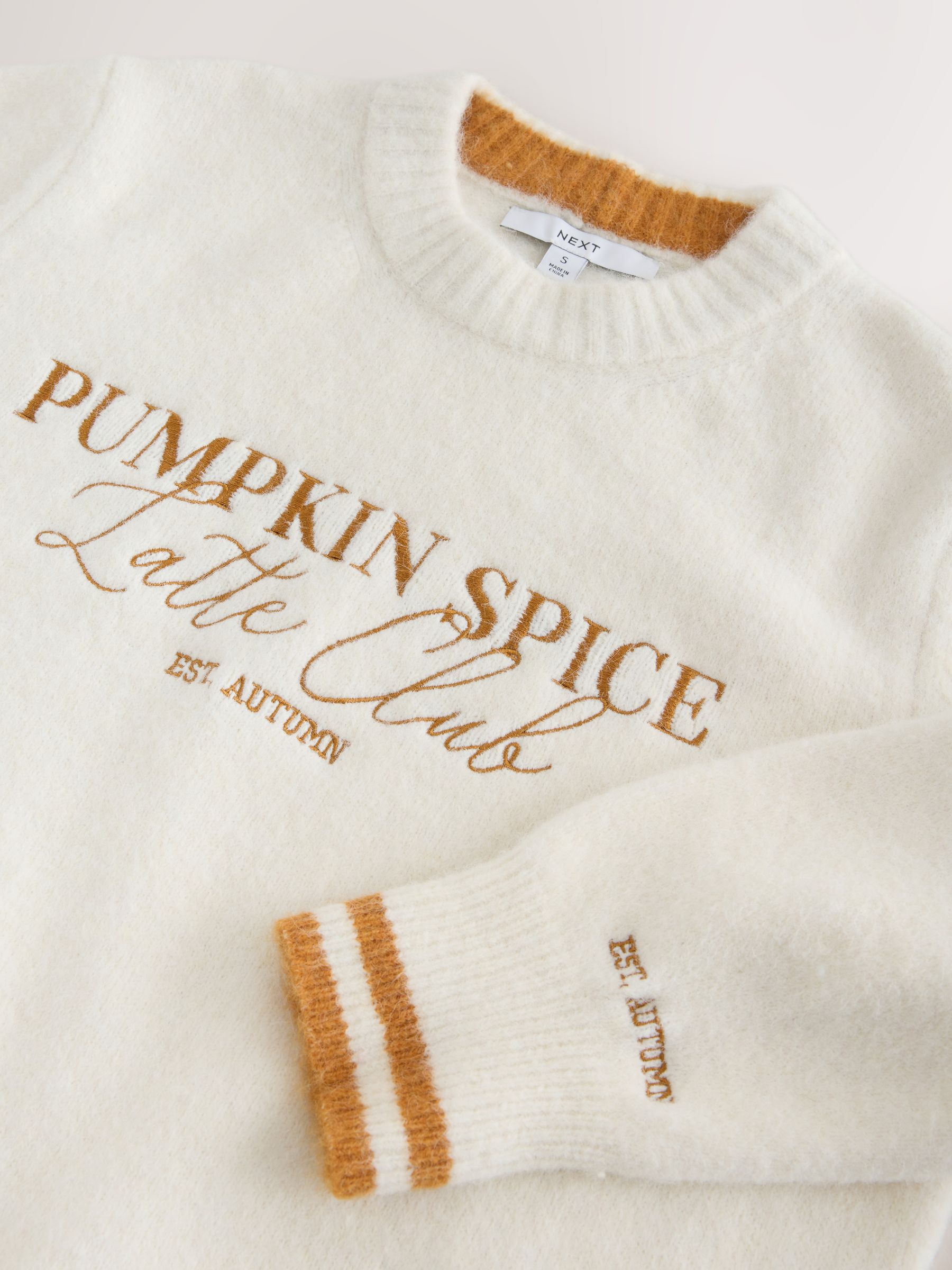 Long Sleeve Crew Neck Knitted Jumper With Wool - Ecru Pumpkin Spice Graphic - Regular - SIP Still Life
