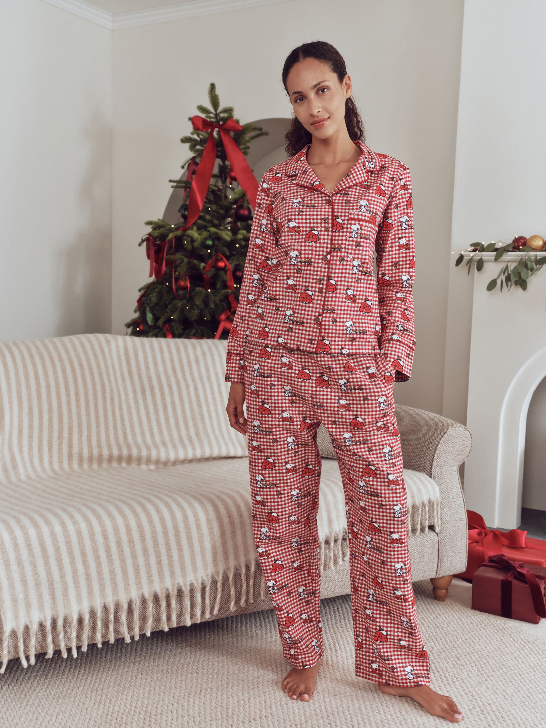 Matching Family Christmas Flannel Button Through Pyjamas - Red Snoopy - Regular - Location Worn