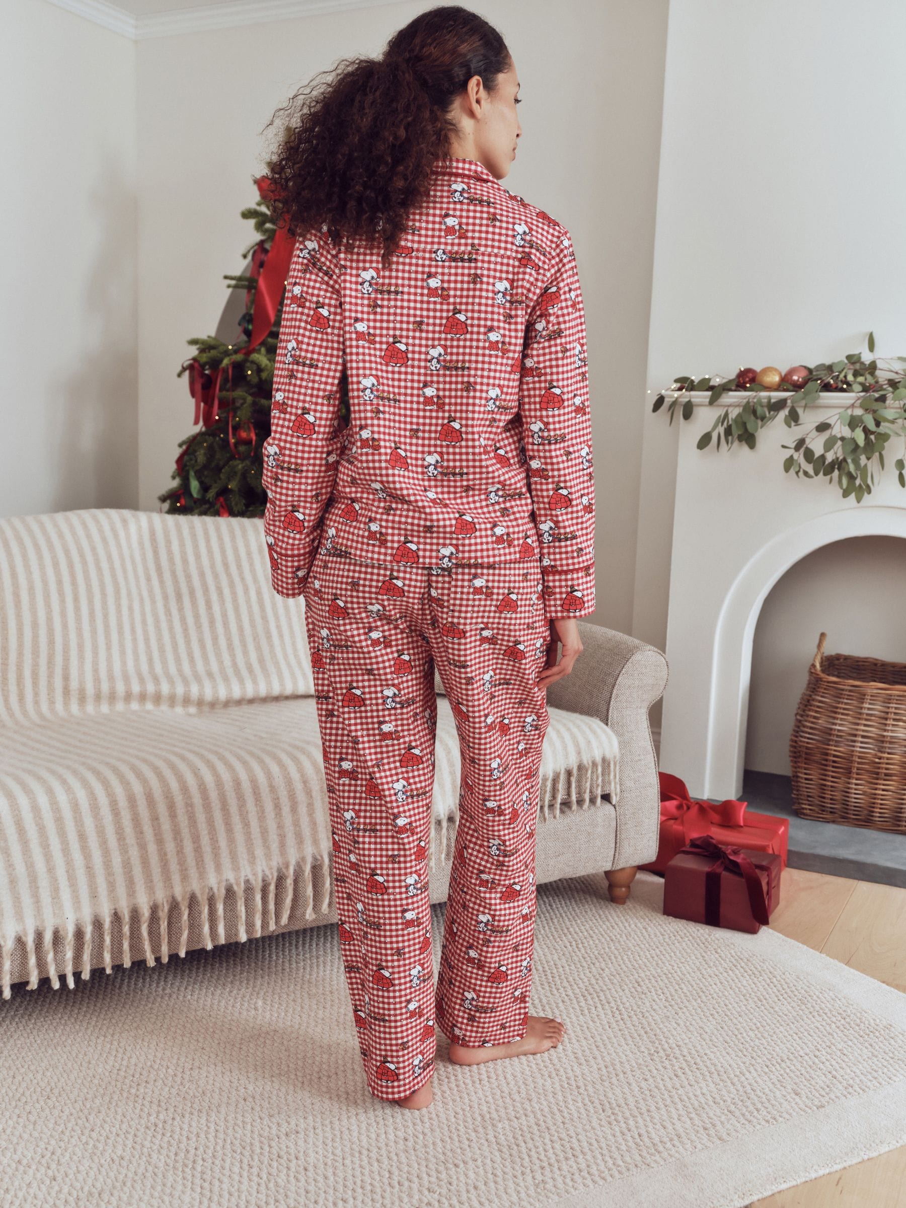 Matching Family Christmas Flannel Button Through Pyjamas - Red Snoopy - Regular - Location Worn