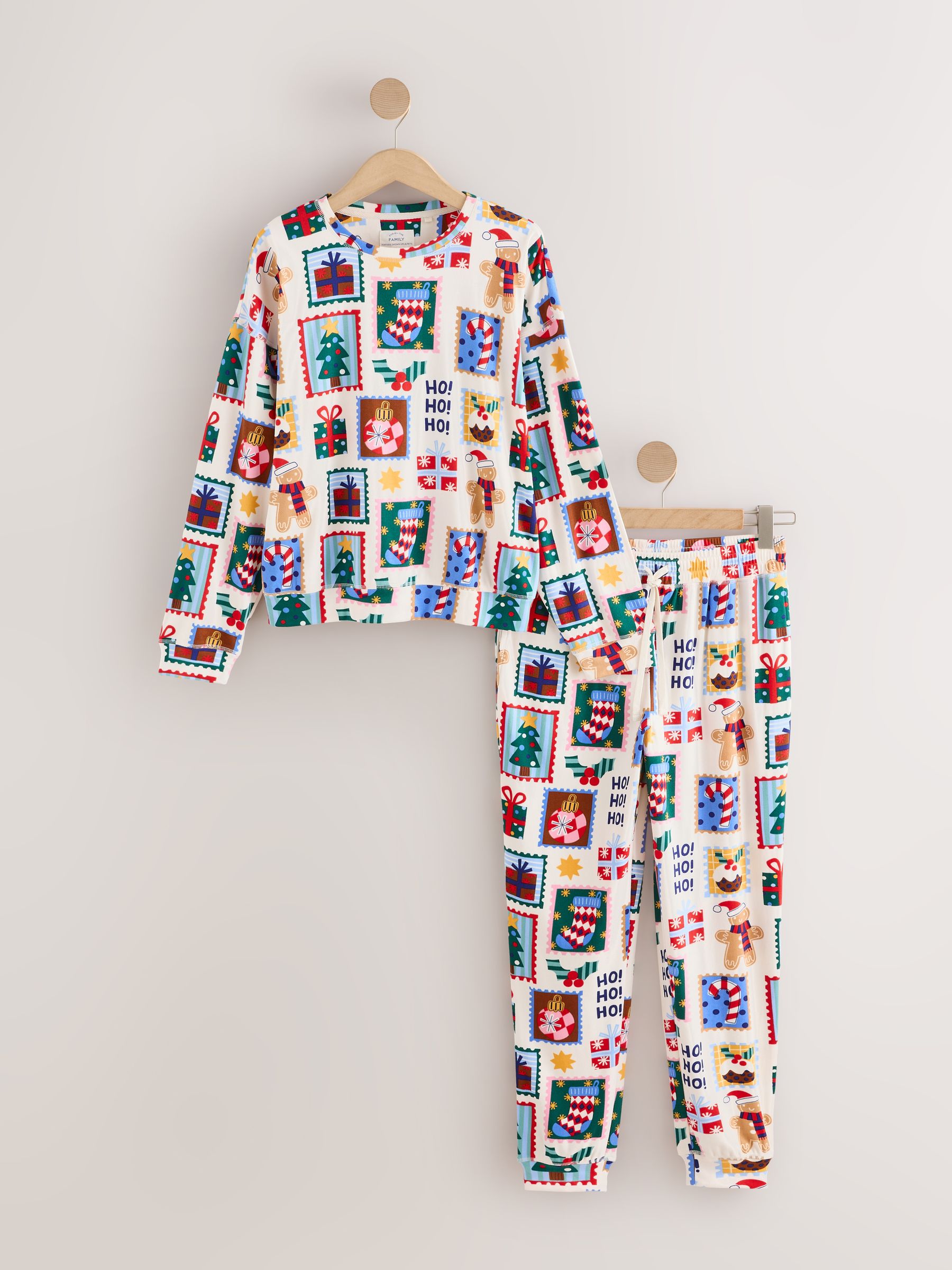 Matching Family Christmas Cosy Long Sleeve Pyjamas - Ecru Stamps - Regular - SIP Still Life