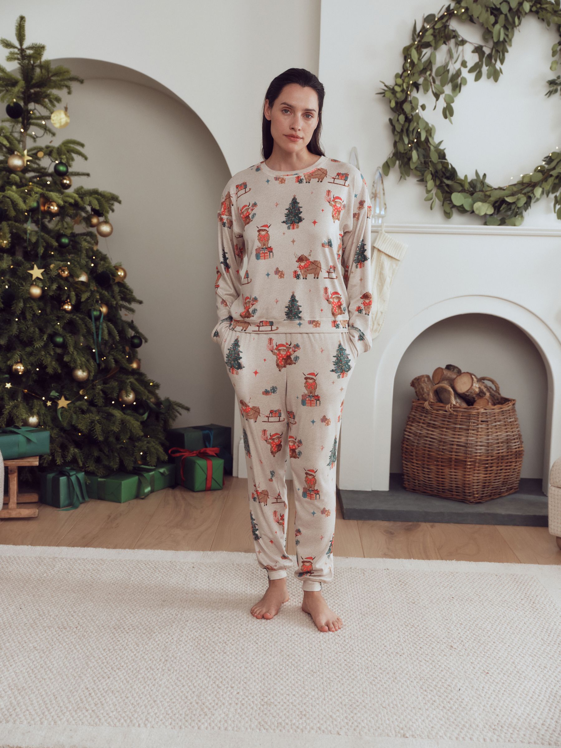 Family Matching Christmas Cosy Long Sleeve Pyjamas - Oatmeal Hamish The Highland Cow - Petite - Location Worn