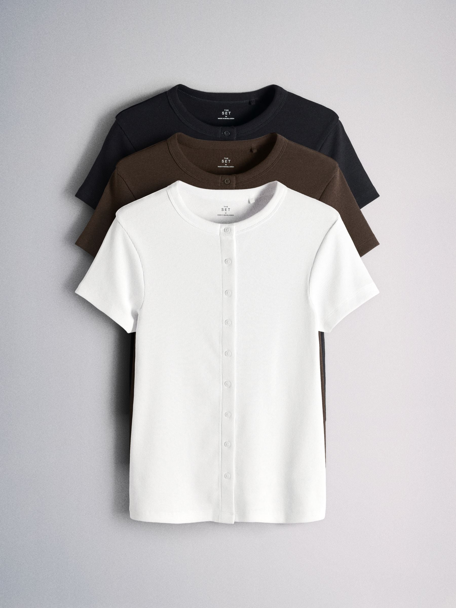 The Set Short Sleeve Button Through Rib T-Shirt - White/Brown/Black - 3 Pack - SIP Still Life