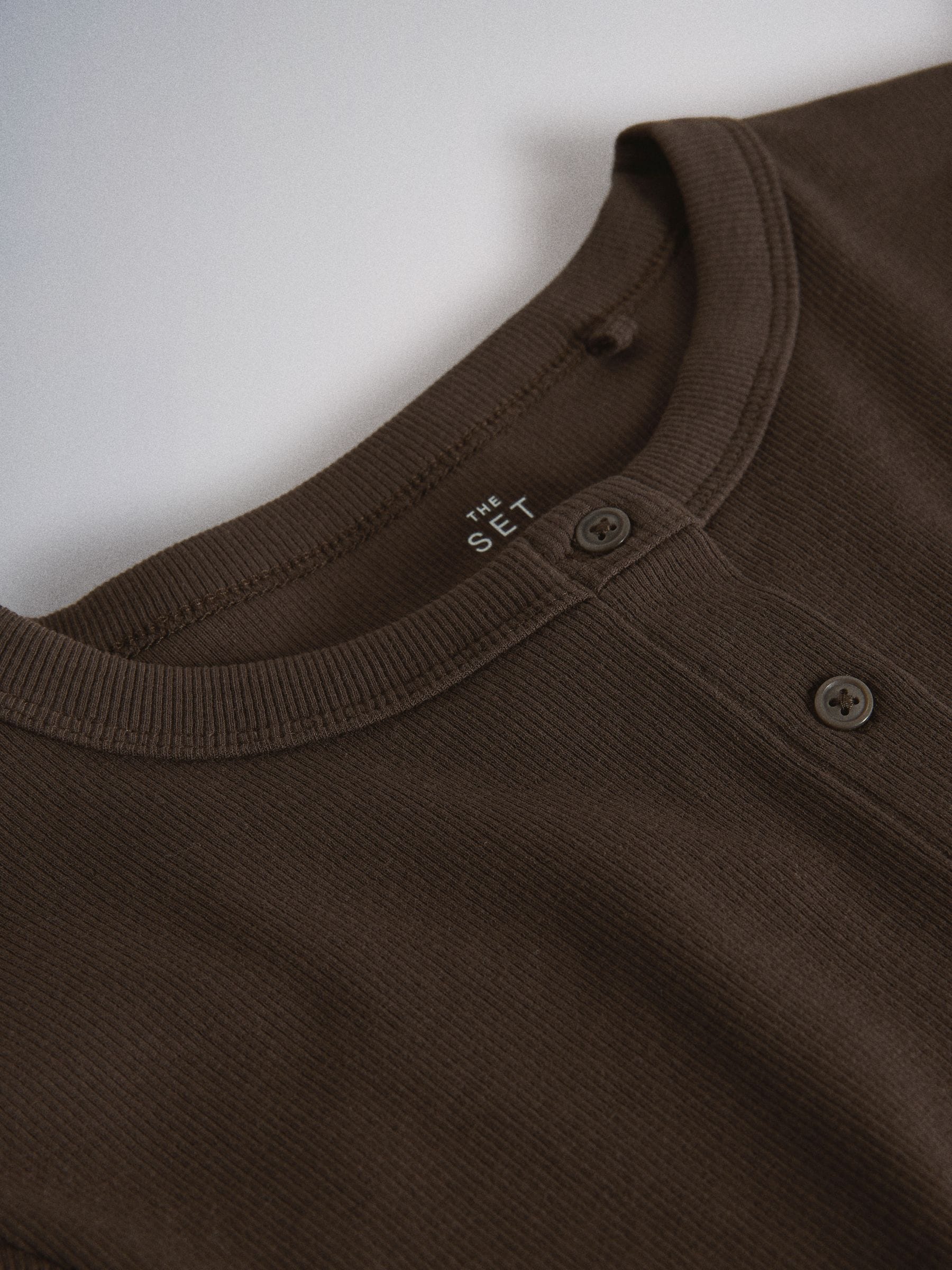 The Set Short Sleeve Button Through Rib T-Shirt - White/Brown/Black - 3 Pack - SIP Still Life