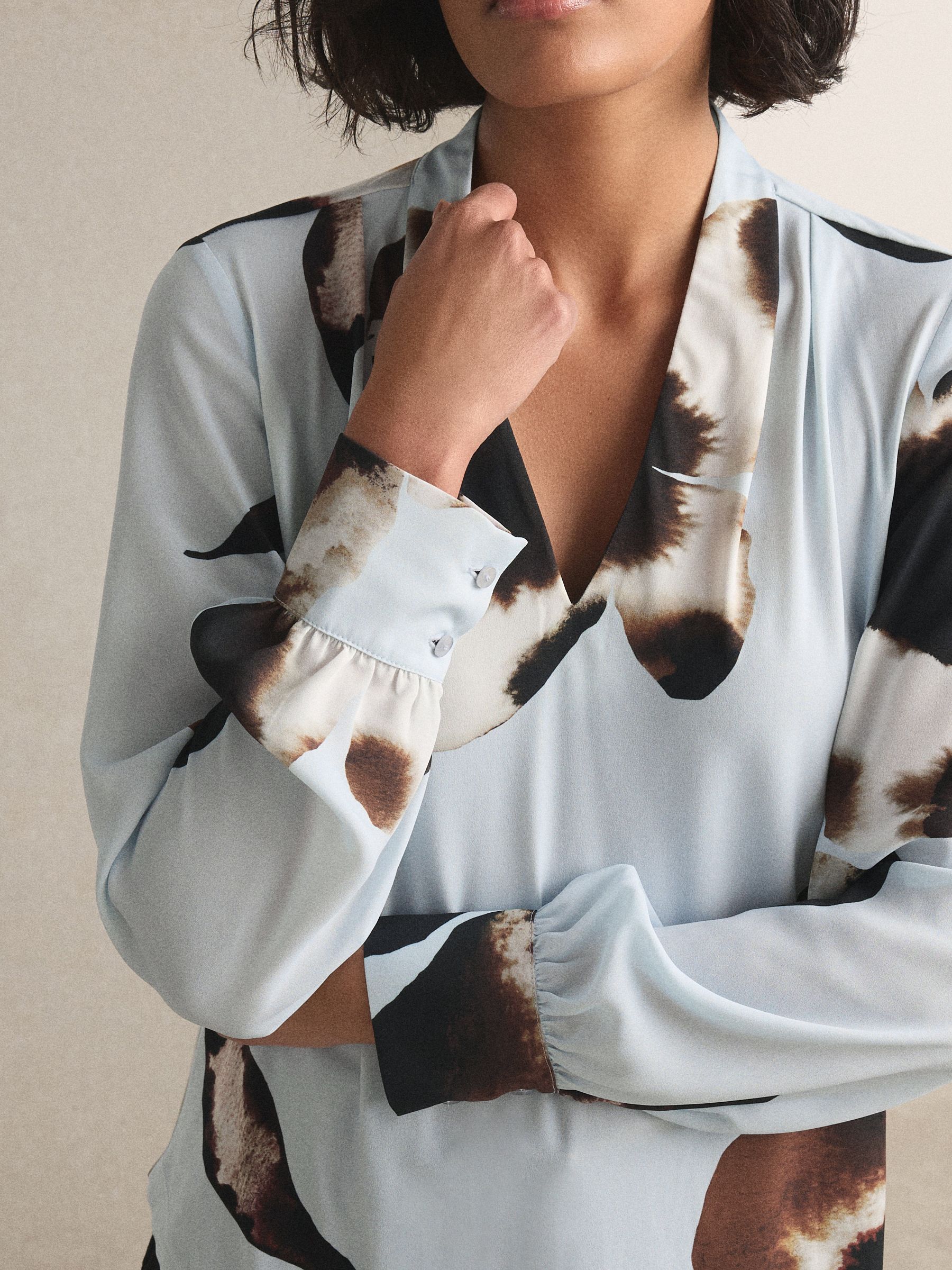 Long Sleeve V-Neck Cuff Top - Blue Floral Print - Petite - Location Worn