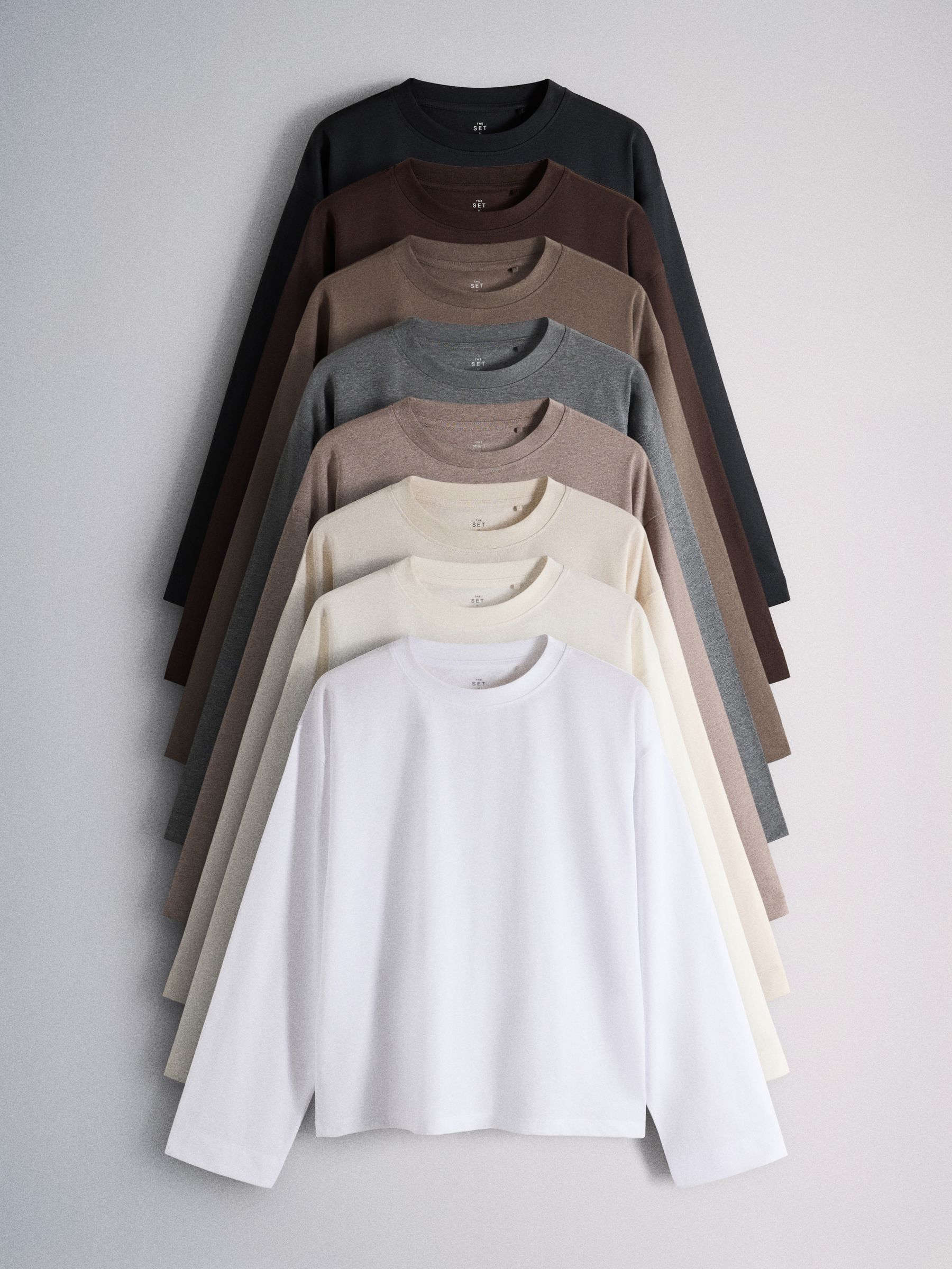 The Set 8 Pack Essentials Lightweight Long Sleeve T-Shirts - Brown/Cream/Neutral/Stripe/Grey Marl/Taupe/Red - Regular - SIP Still Life