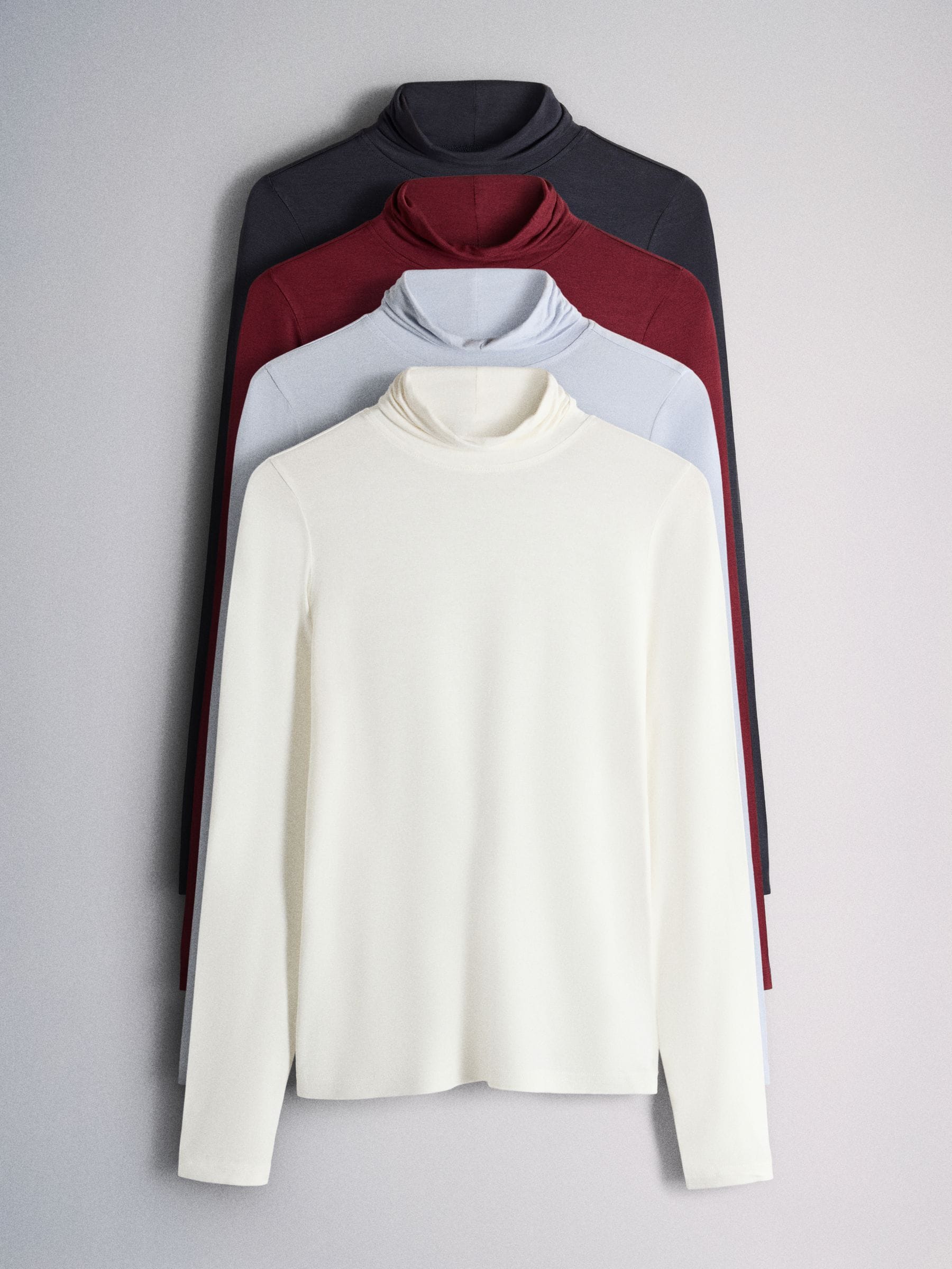 The Set High Neck Long Sleeve Slinky T-Shirt  4 Pack - Navy/Burgundy/Cream/Blue - Regular - SIP Still Life