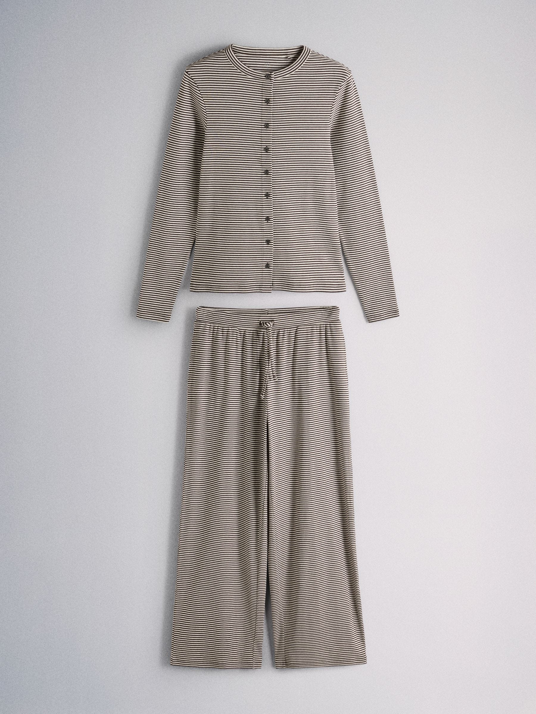 The Set Long Sleeve Button Through T-Shirts and Trousers Co-Ord Set - Brown Stripe - Regular - SIP Still Life