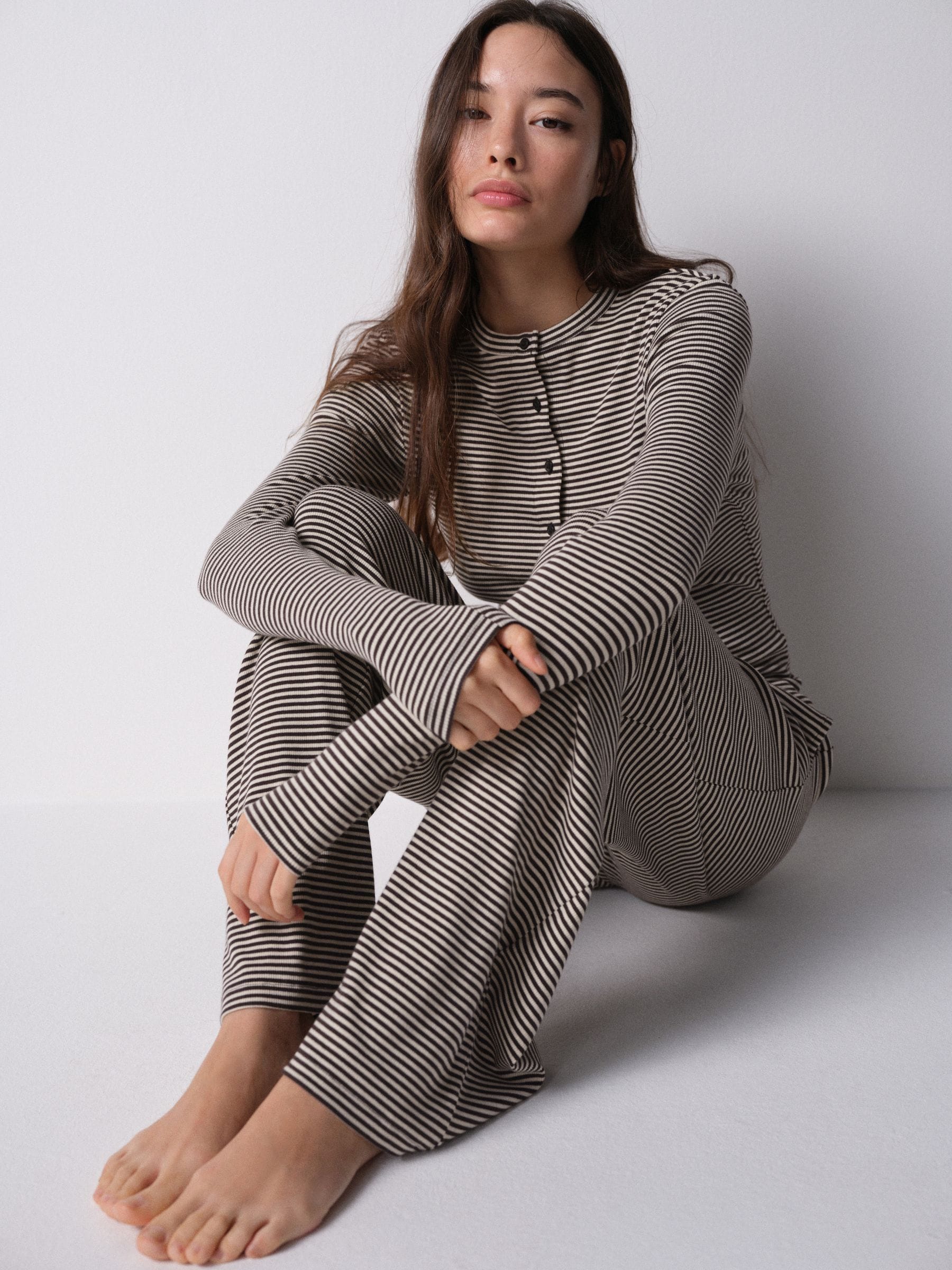 The Set Long Sleeve Button Through T-Shirts and Trousers Co-Ord Set - Brown Stripe - Regular - SIP Worn