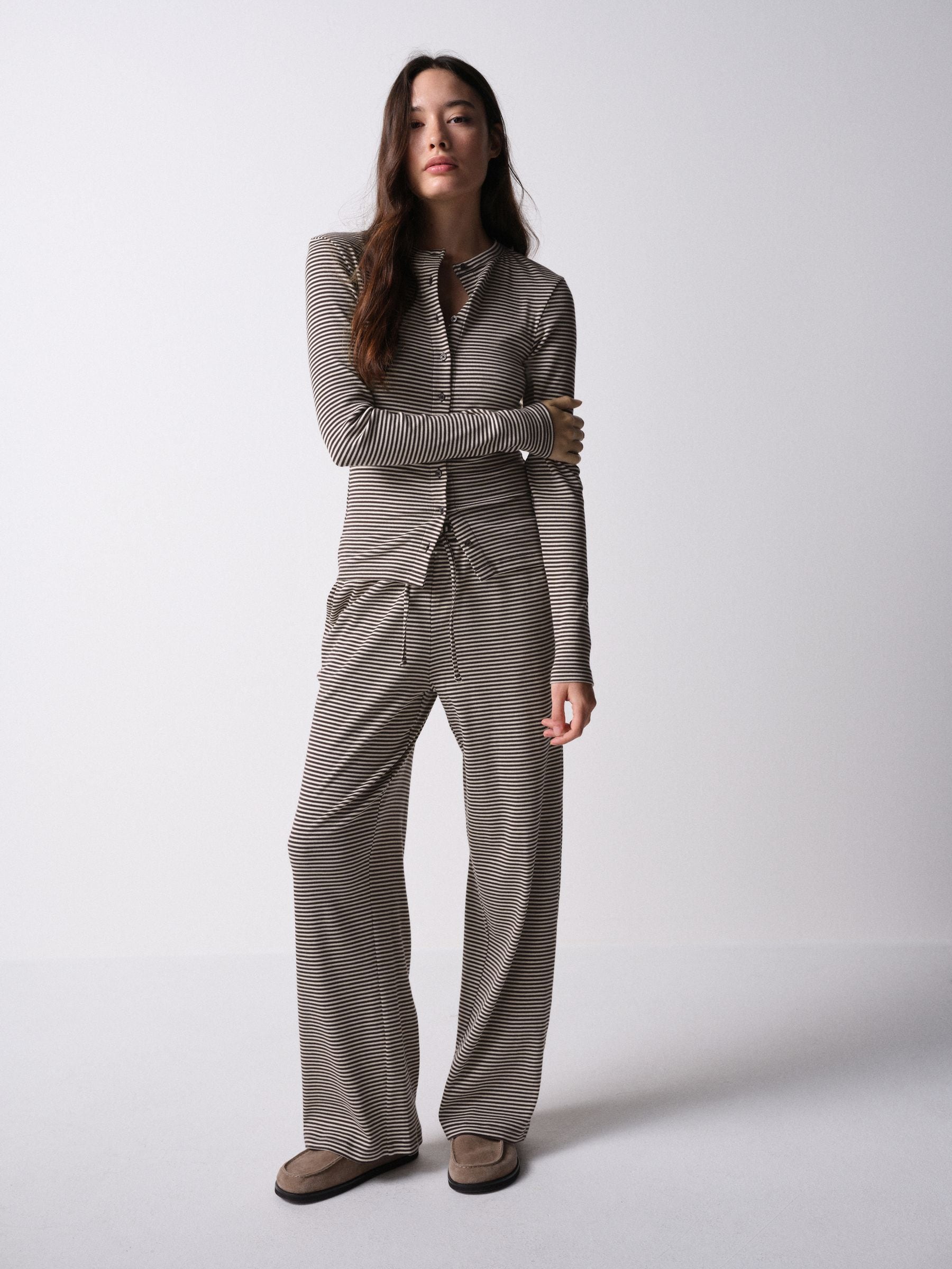 The Set Long Sleeve Button Through T-Shirts and Trousers Co-Ord Set - Brown Stripe - Regular - SIP Worn