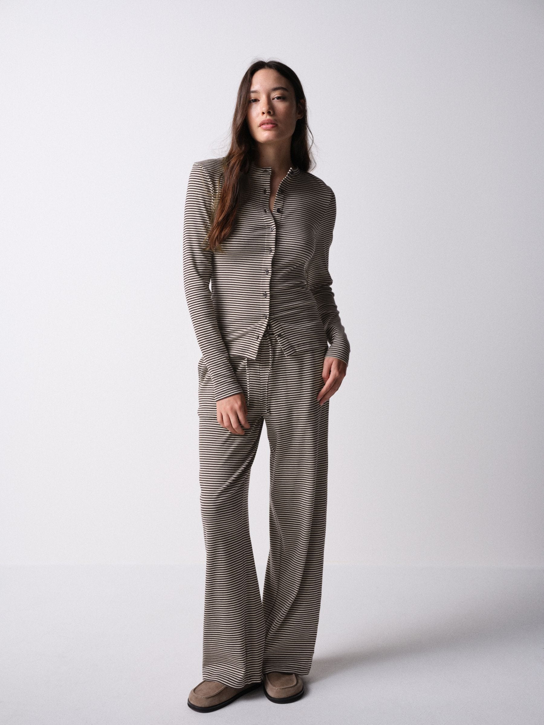 The Set Long Sleeve Button Through T-Shirts and Trousers Co-Ord Set - Brown Stripe - Regular - SIP Worn