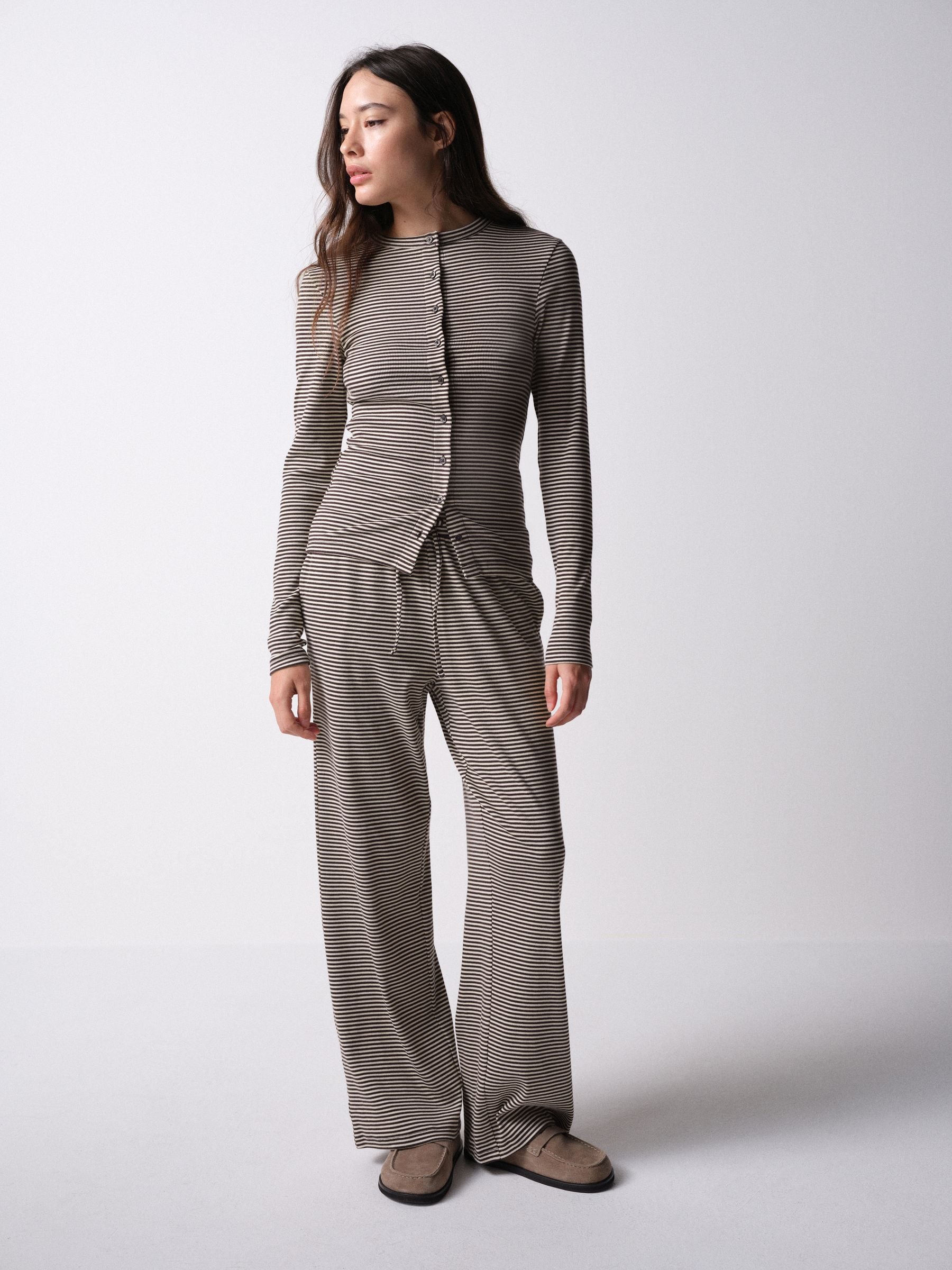 The Set Long Sleeve Button Through T-Shirts and Trousers Co-Ord Set - Brown Stripe - Regular - SIP Worn
