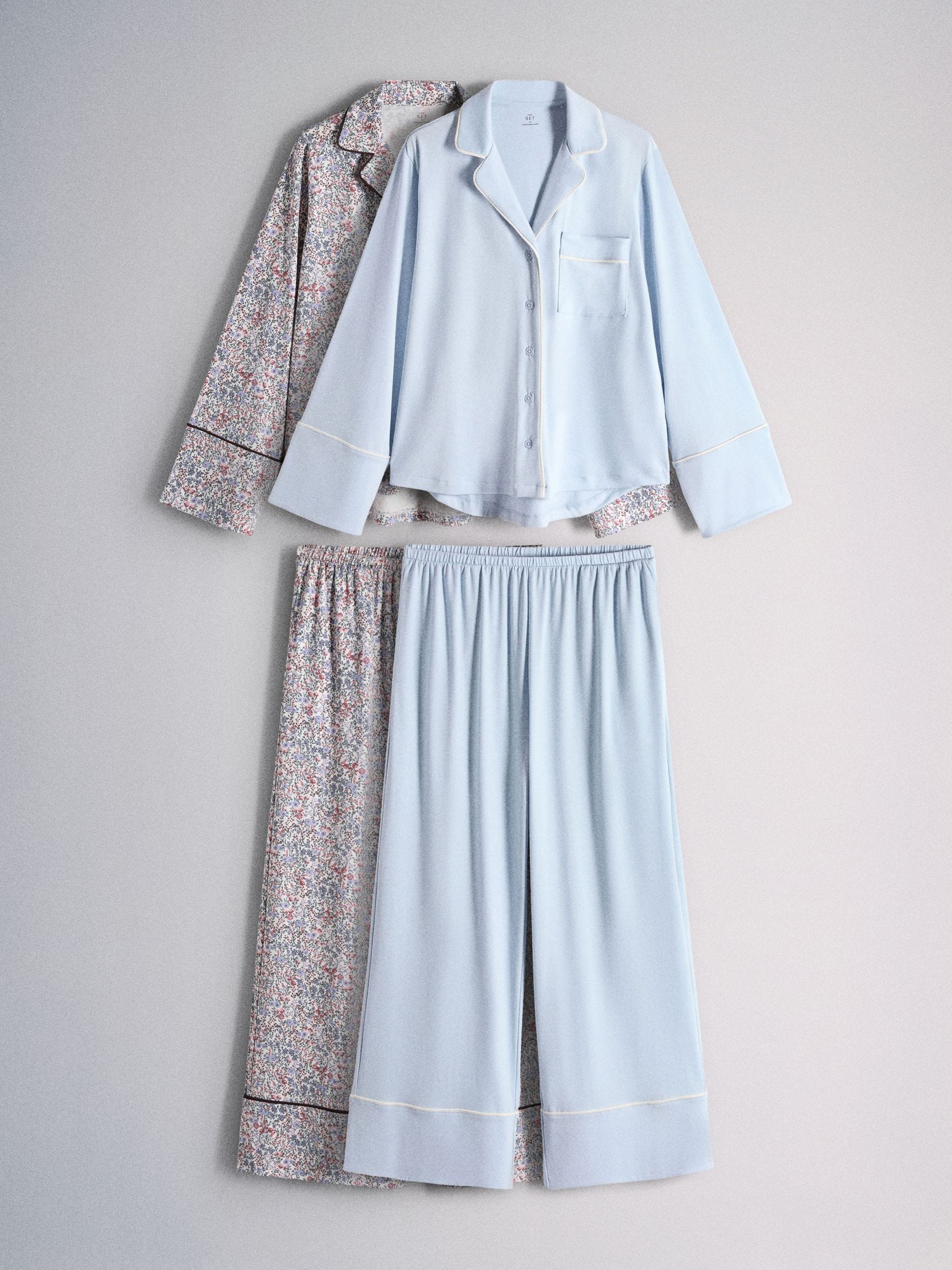 The Set 2 Pack Viscose Blend Button Through Long Pyjamas - Blue/Print - Regular - SIP Still Life