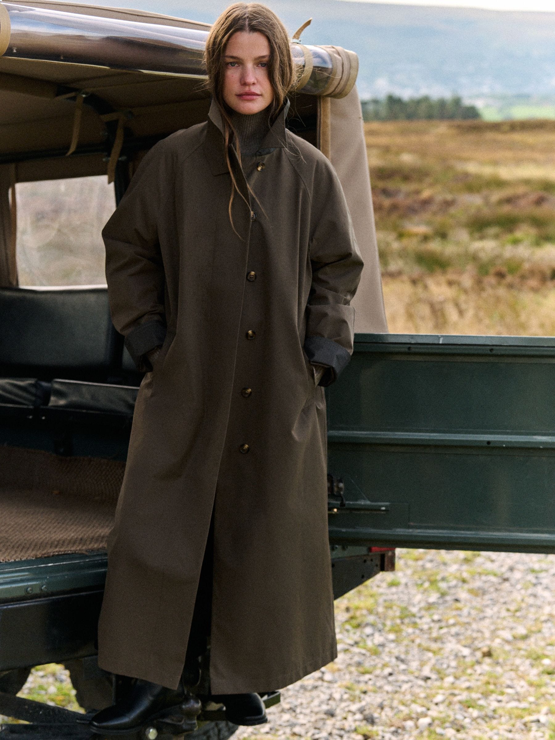 The Set Showerproof Trench Coat - Khaki/Green - Regular - Location Worn