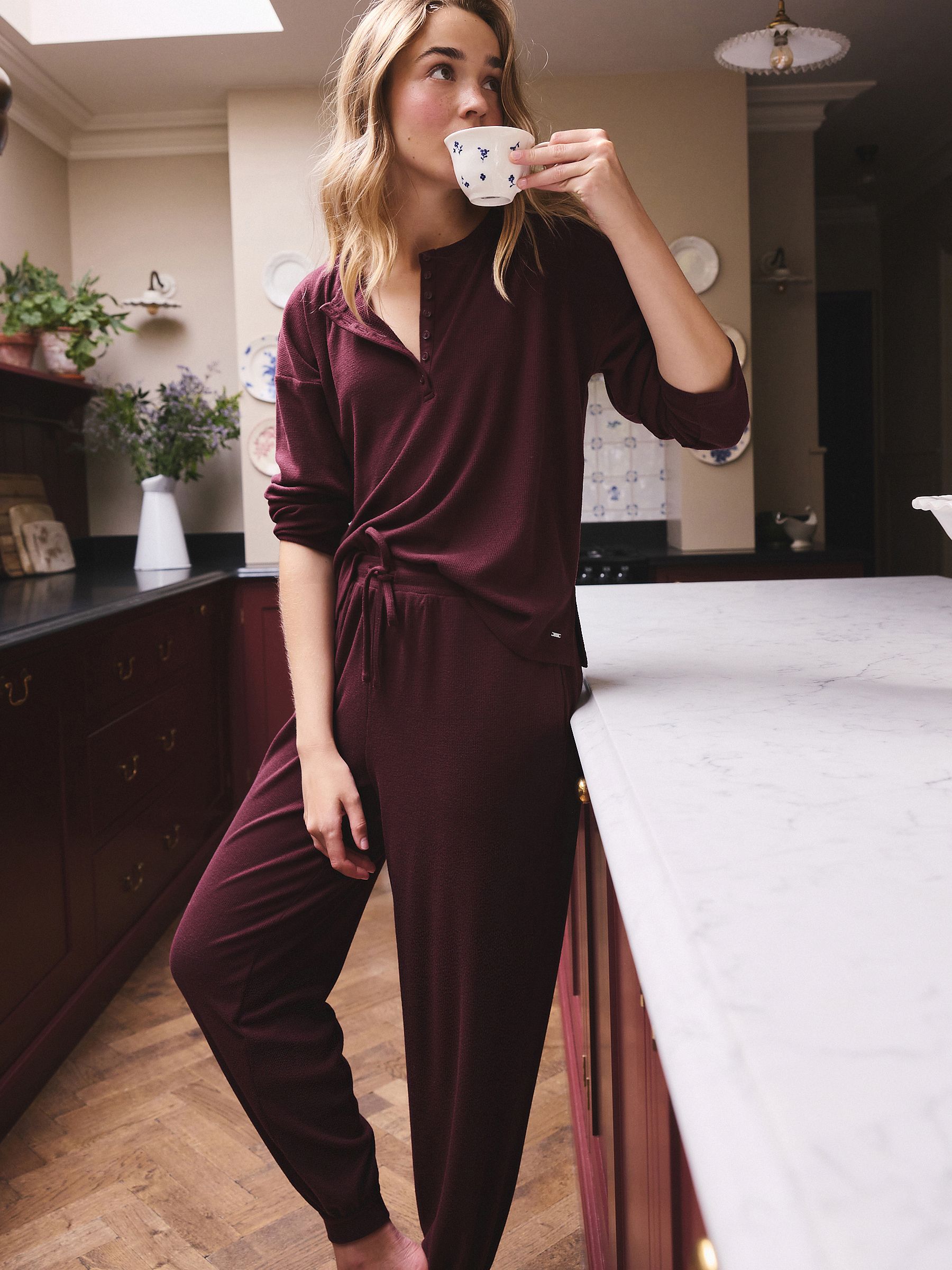 Cosy Waffle Long Sleeve Henley Pyjamas - Burgundy Red - Regular - Location Worn