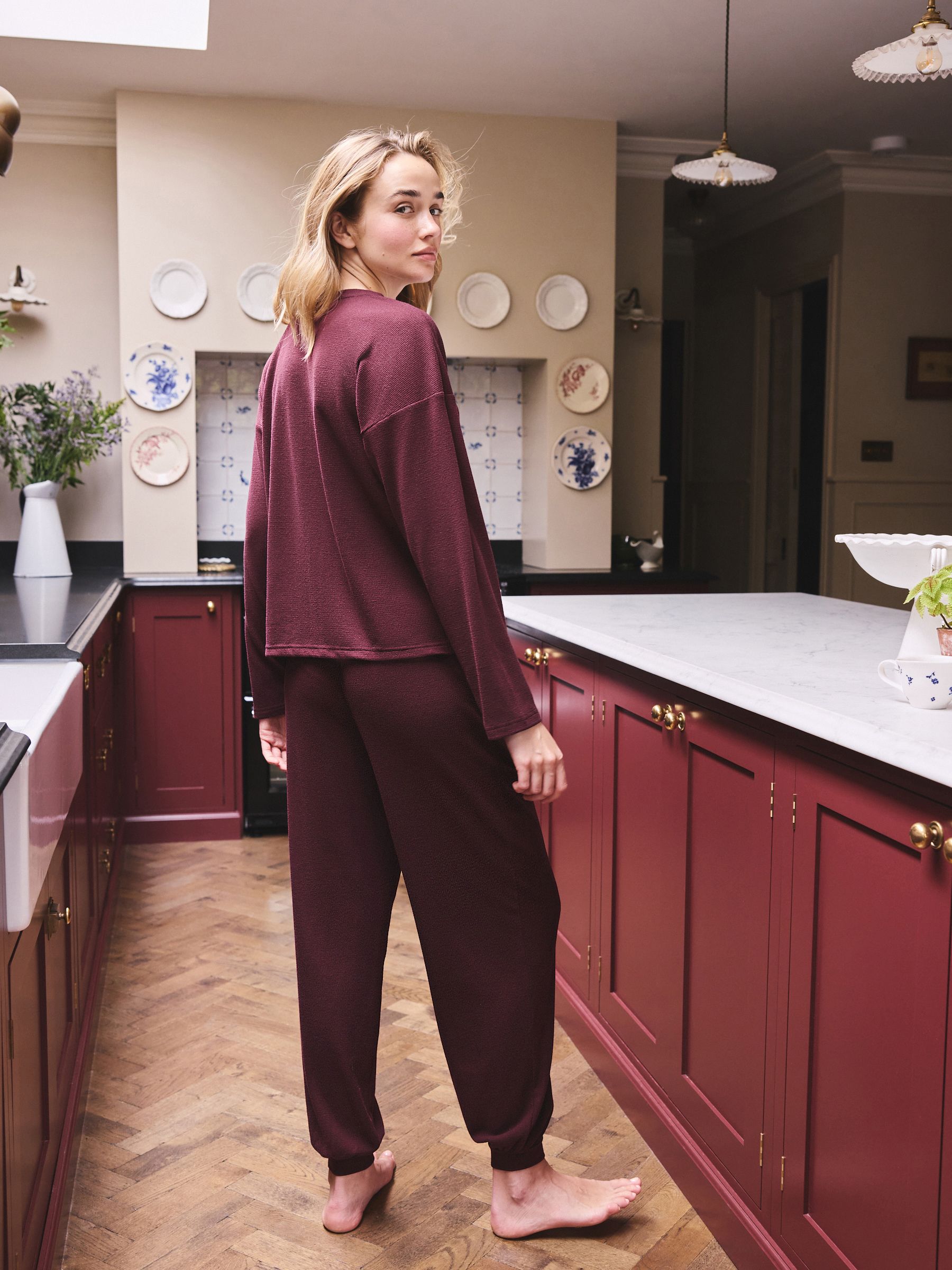 Cosy Waffle Long Sleeve Henley Pyjamas - Burgundy Red - Regular - Location Worn