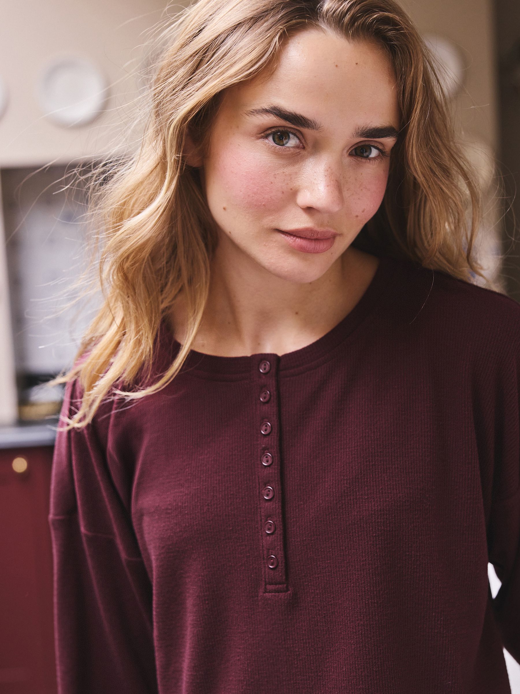 Cosy Waffle Long Sleeve Henley Pyjamas - Burgundy Red - Regular - Location Worn