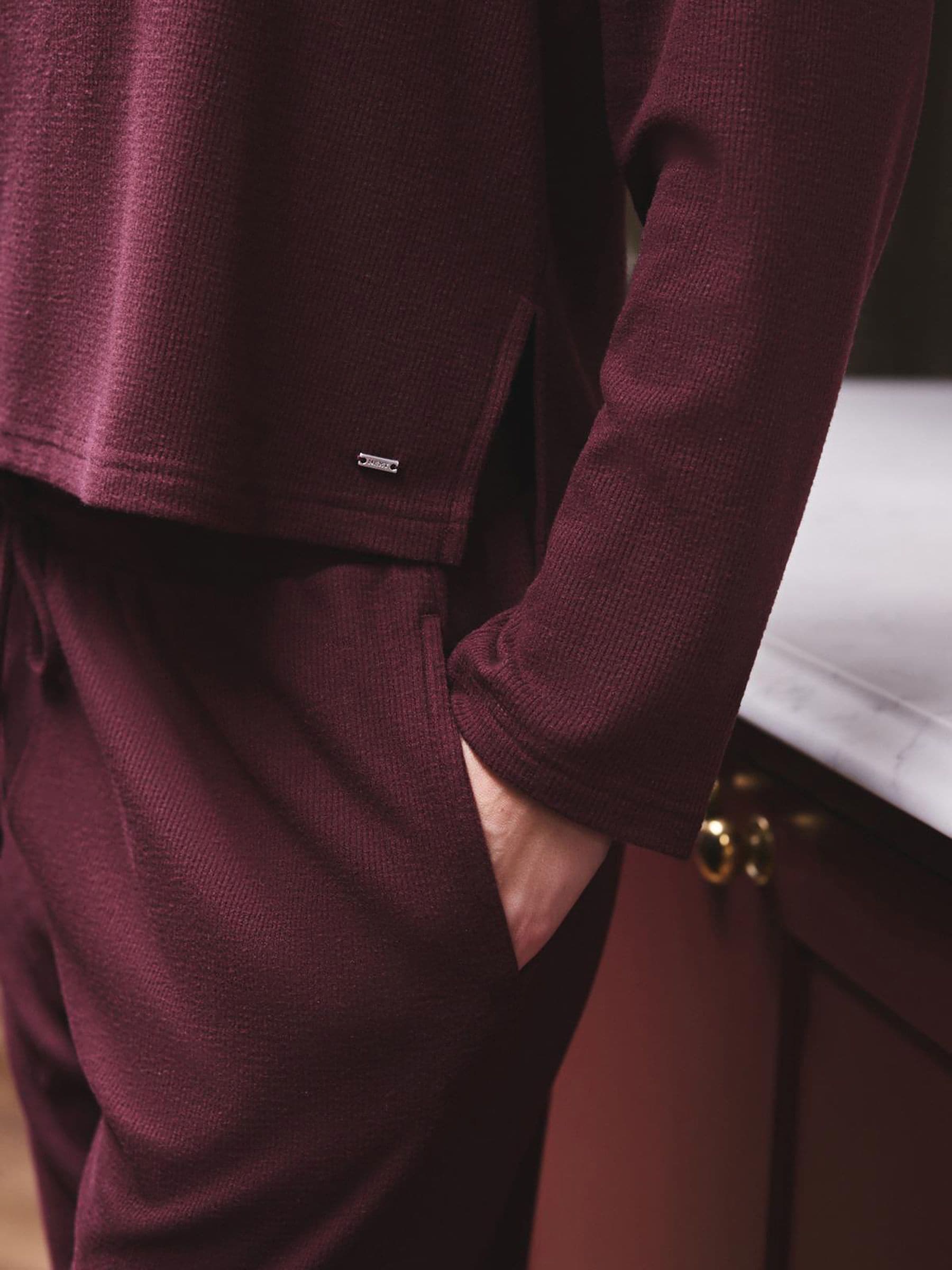 Cosy Waffle Long Sleeve Henley Pyjamas - Burgundy Red - Regular - Location Worn