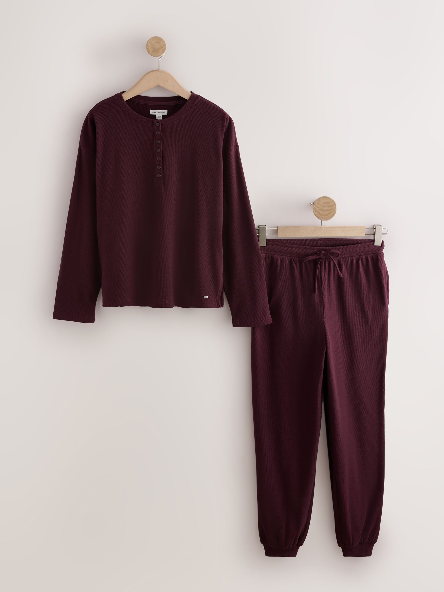 Cosy Waffle Long Sleeve Henley Pyjamas - Burgundy Red - Regular - SIP Still Life