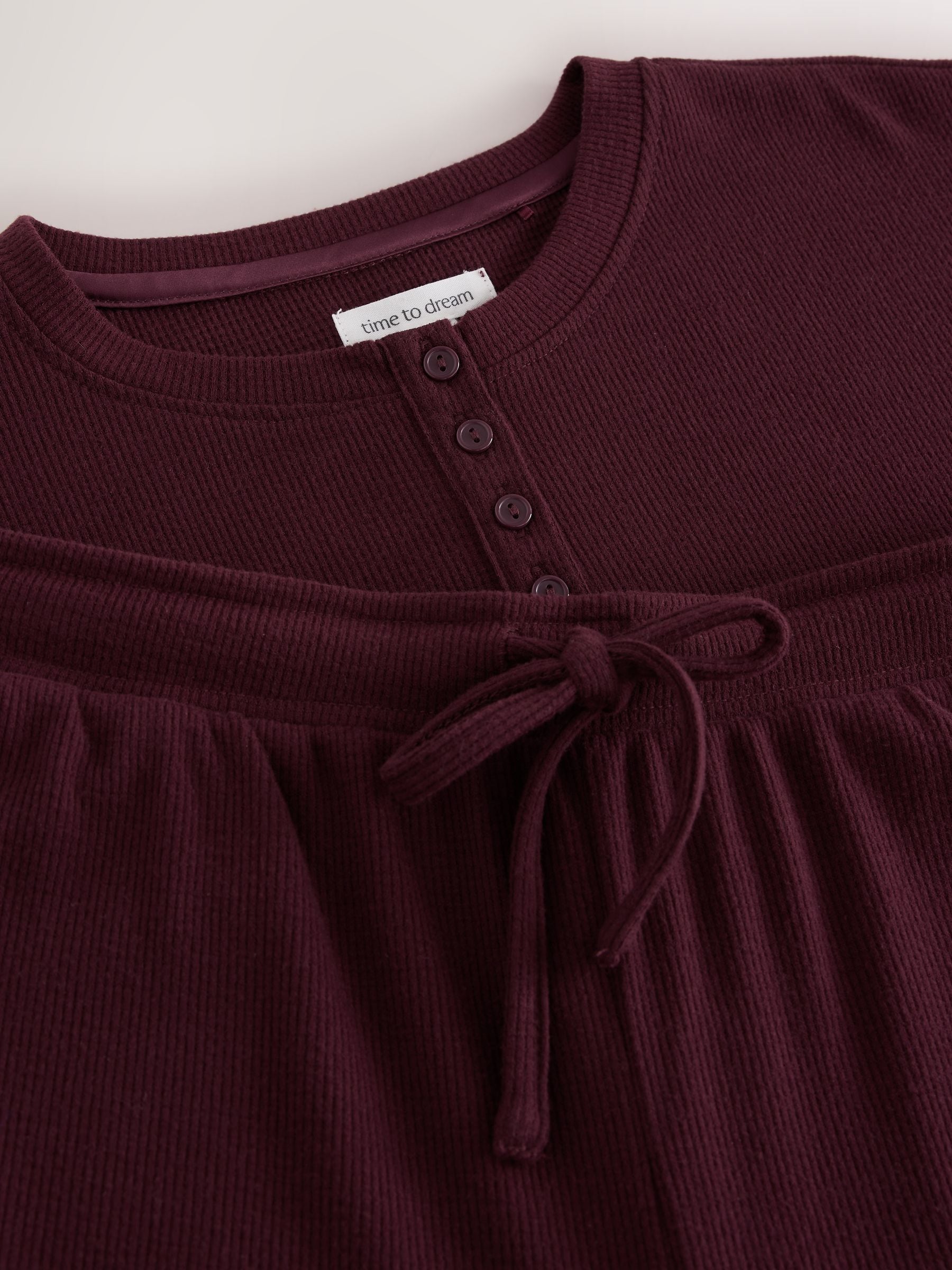 Cosy Waffle Long Sleeve Henley Pyjamas - Burgundy Red - Regular - SIP Still Life
