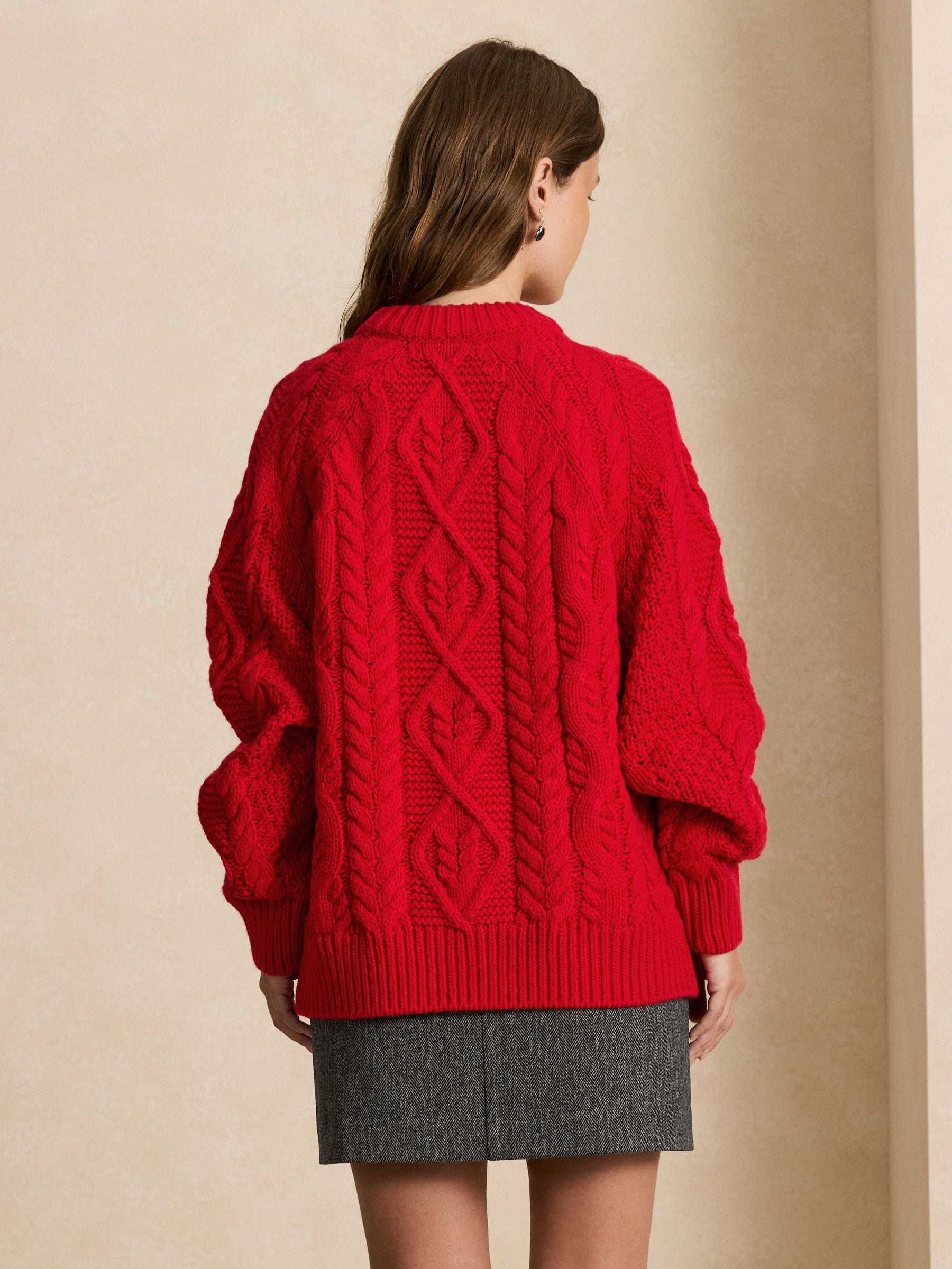 Cable Knit Long Sleeve Crew Neck Jumper - Red - Regular - Location Worn