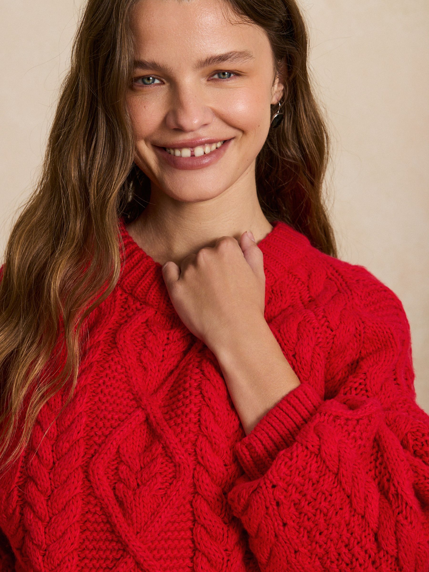 Cable Knit Long Sleeve Crew Neck Jumper - Red - Regular - Location Worn
